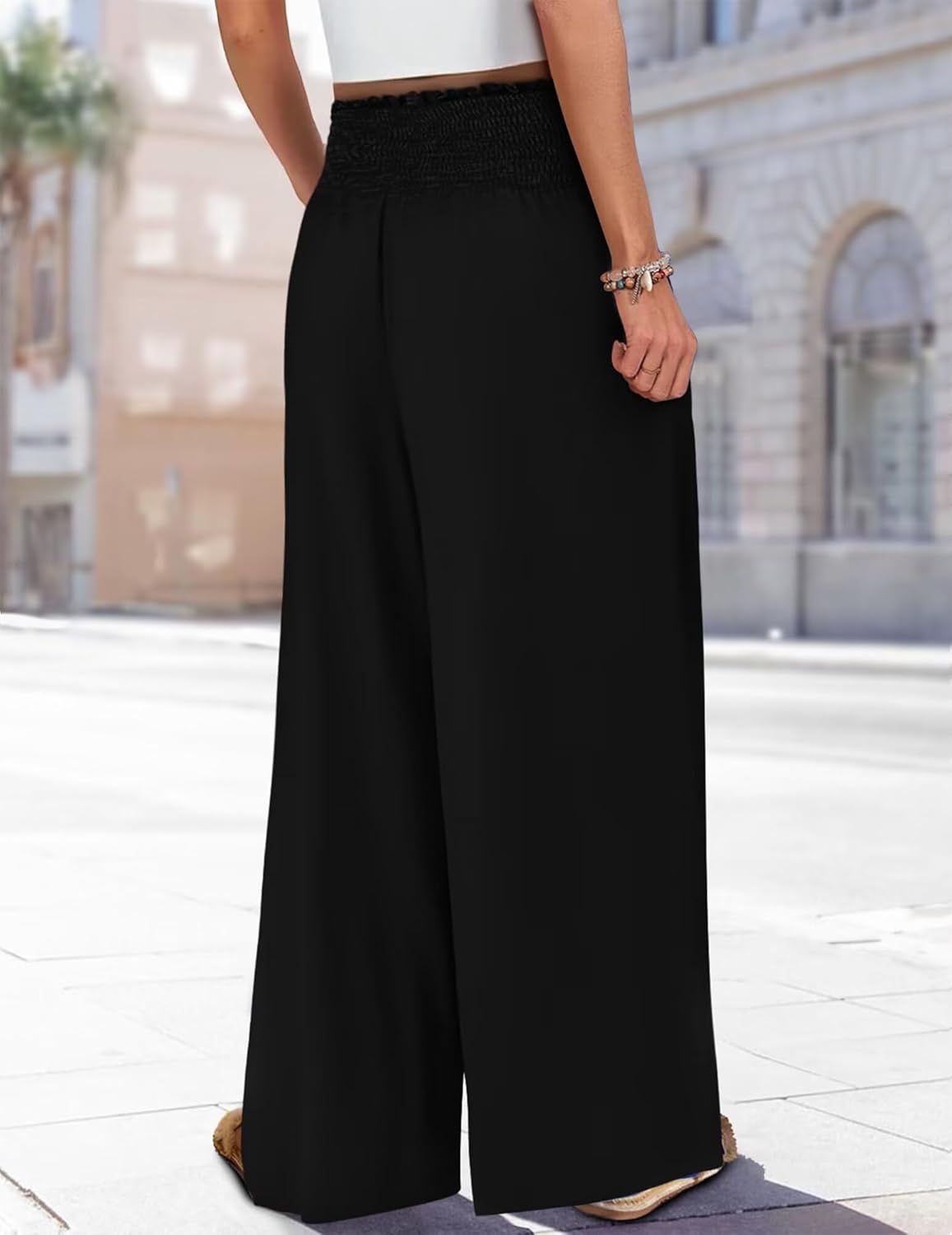 KISSMODA Women Palazzo Pants Summer Boho Bagyy Wide Leg High Smocked Waist Flowy Beach Casual Trousers with Pockets - Image 3