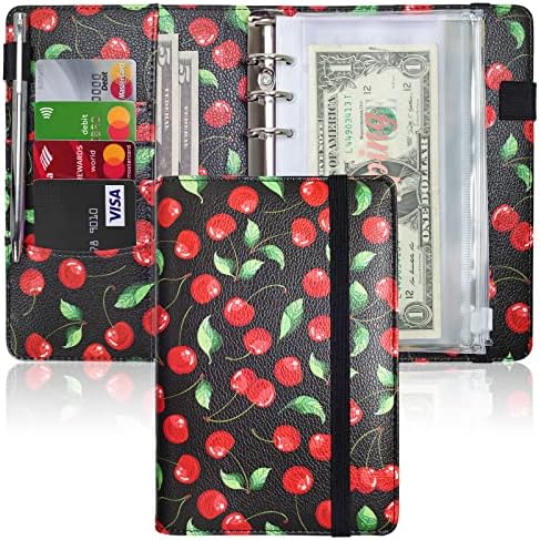 A6 Budget Binder for Money Saving Binder, PU Leather Budget Planner with 8 Cash Envelopes, Budget Sheets & Rose Gold Category Stickers, Money Organizer for Cash Binder (Red Cherry)