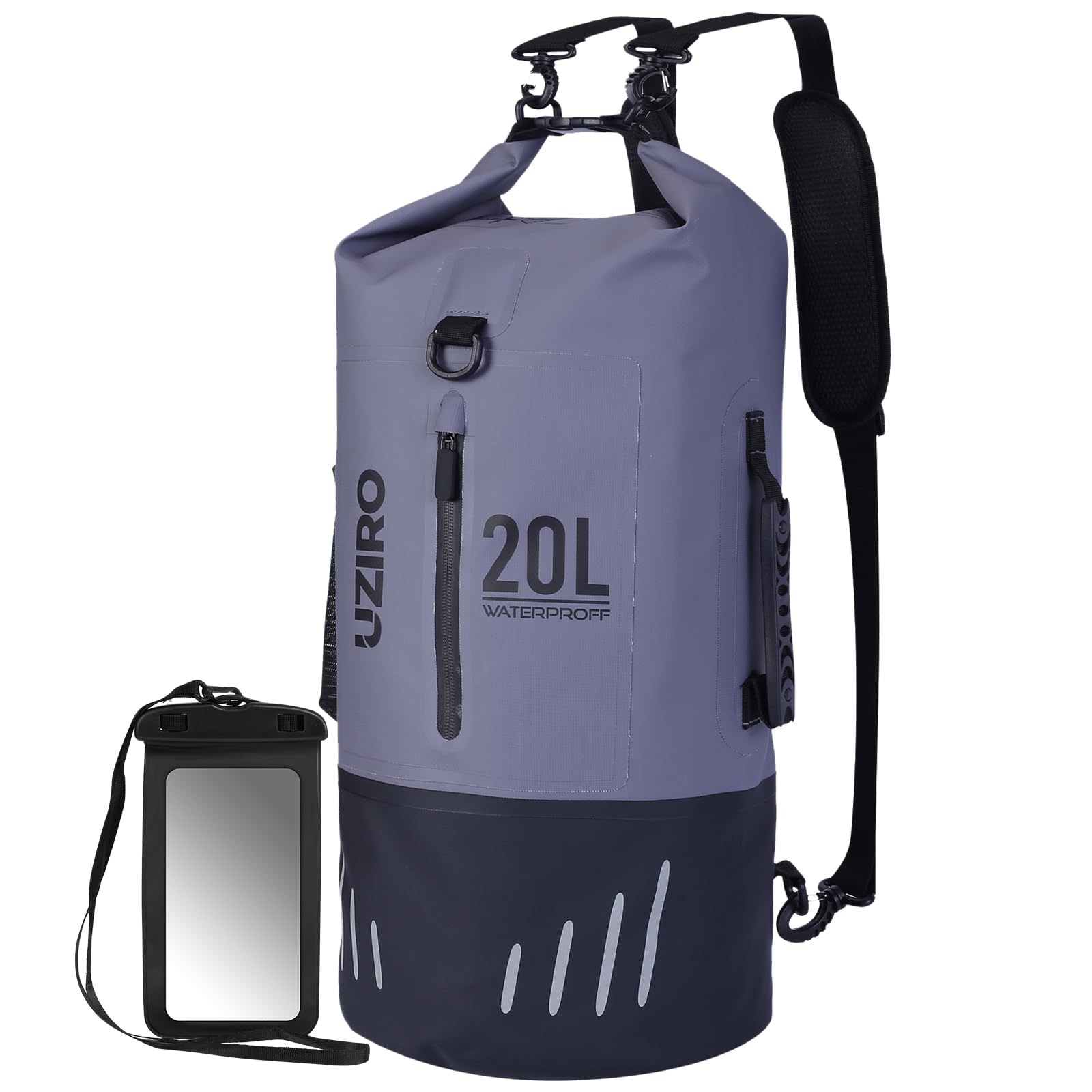 UZIRO Bolsa Estanca 20L, Mochila Impermeable para Kayak, Piscina, Pesca y Natación, Dry Bag Acuático, Resistente al Agua, Ideal para Actividades al Aire Libre, Color Gris
