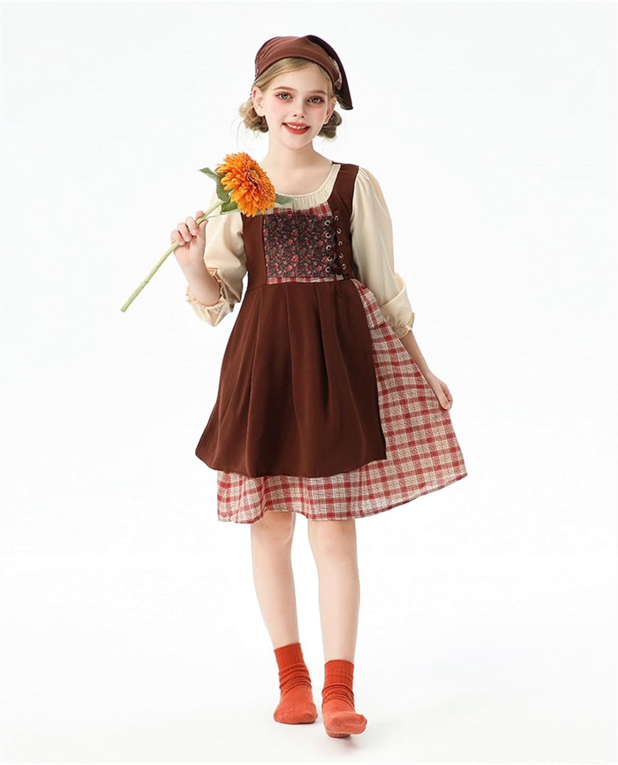 Girl European Countryside Style Floral Dress 2 Piece Medieval Fashion 3/4 Sleeve Skit Halloween Cute Dresses