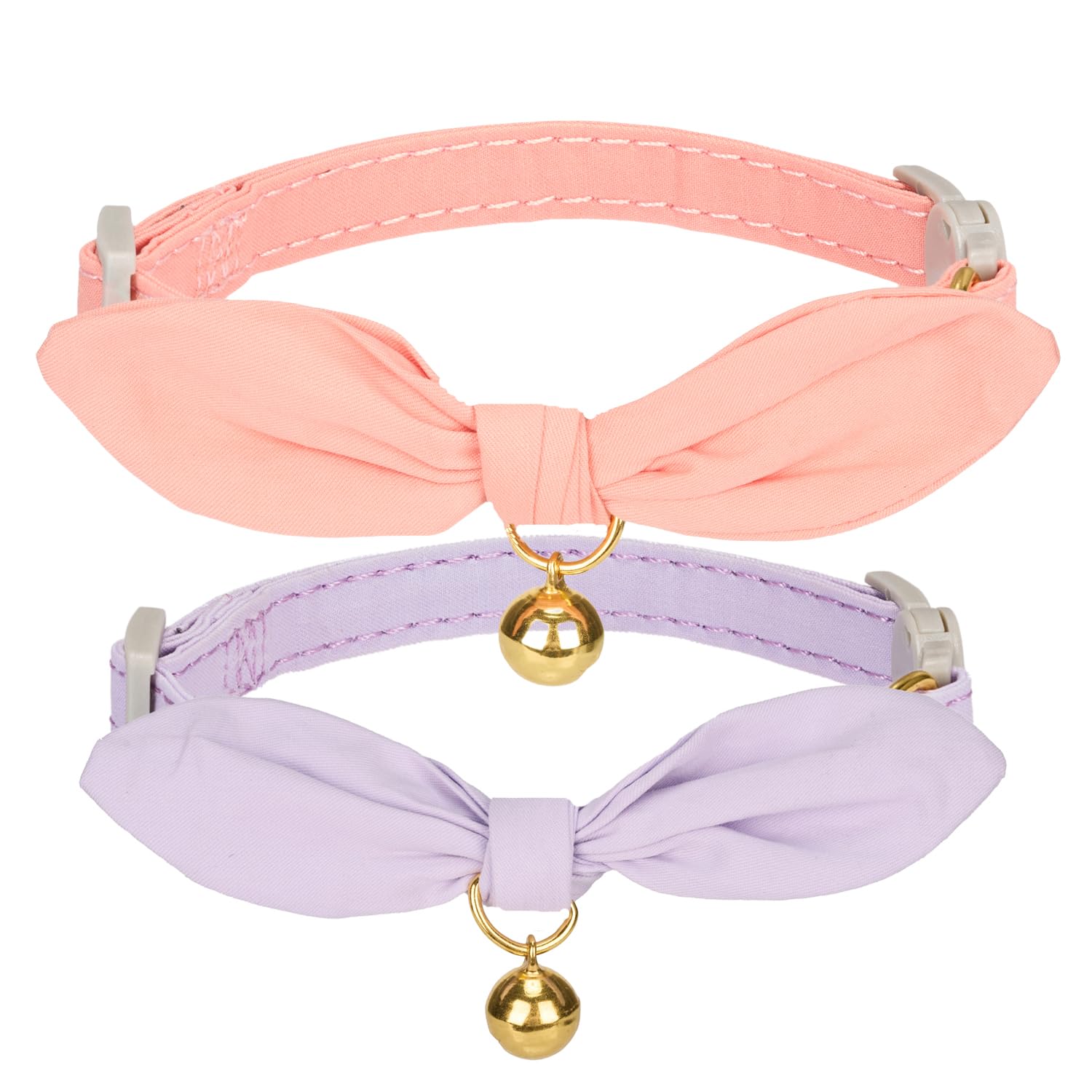 2 Pack Cat Collars Cotton Bowtie with Bell,Quick Release Safty Buckle,Soft and Comfy Cotton Material in Purple and Orange
