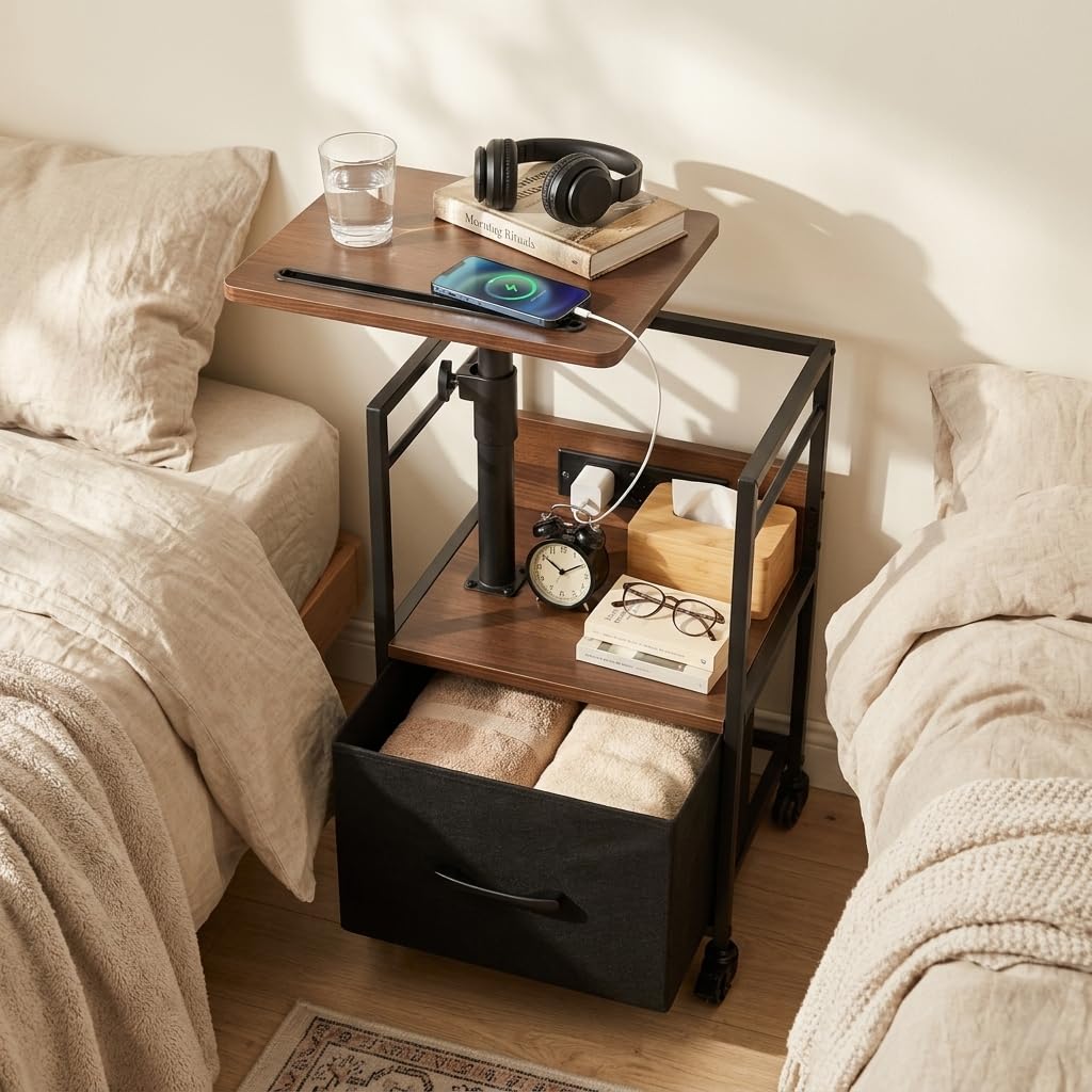 Table de Chevet Connectée à roulettes avec Plateau Pivotant 360° Hauteur Réglable 64-80 cm Prises Intégrées 2AC 220V 2USB 5V 2,1A Grand Rangement Colonne Renforcée Finition Noyer Chaud