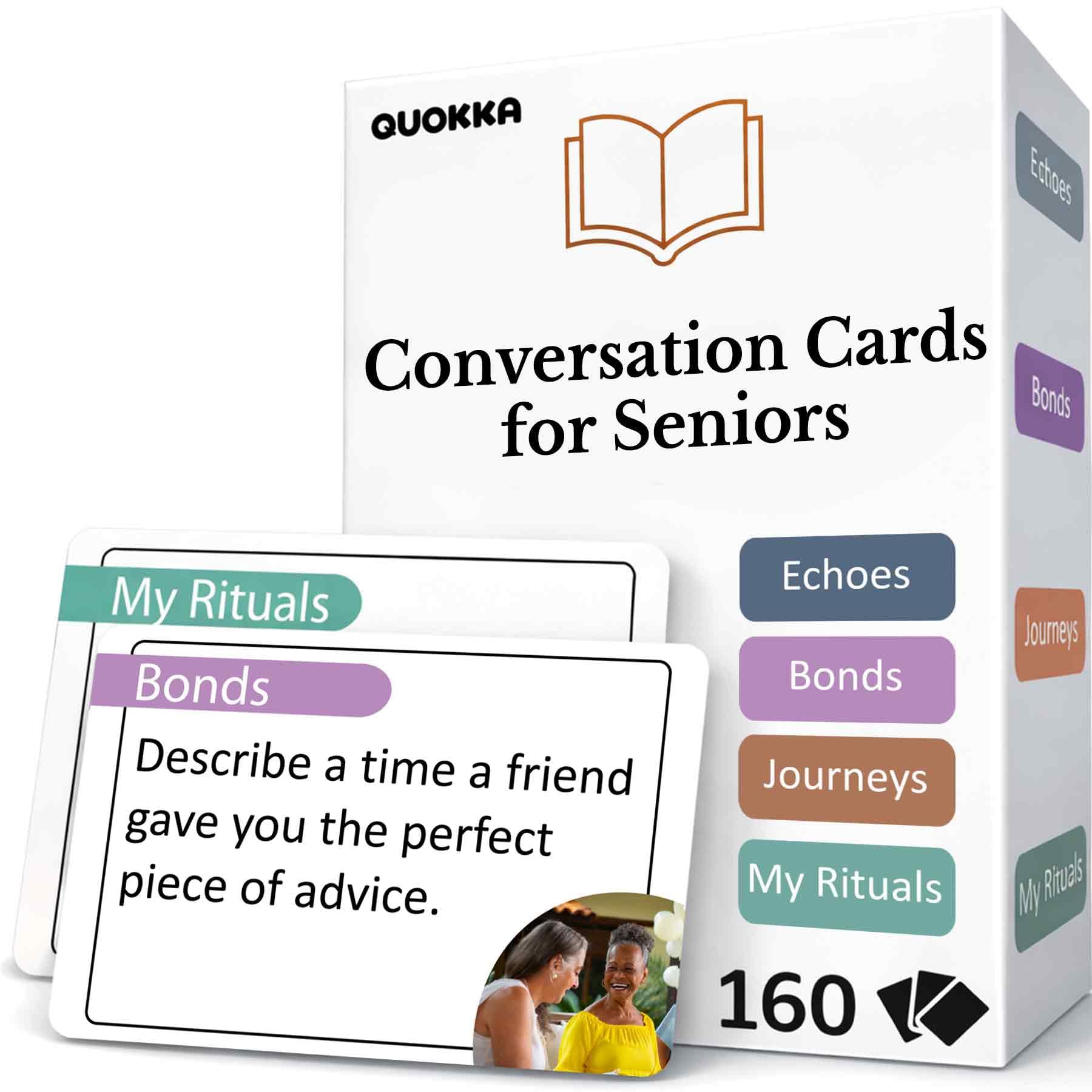 QUOKKA Conversation Cards for Seniors, 160 Memory Game Cards Alzheimer's or Dementia Activities, Large Print Conversation Starters for Elderly Parents, Grandparents, Caregivers, Premium Gift Box — image 1