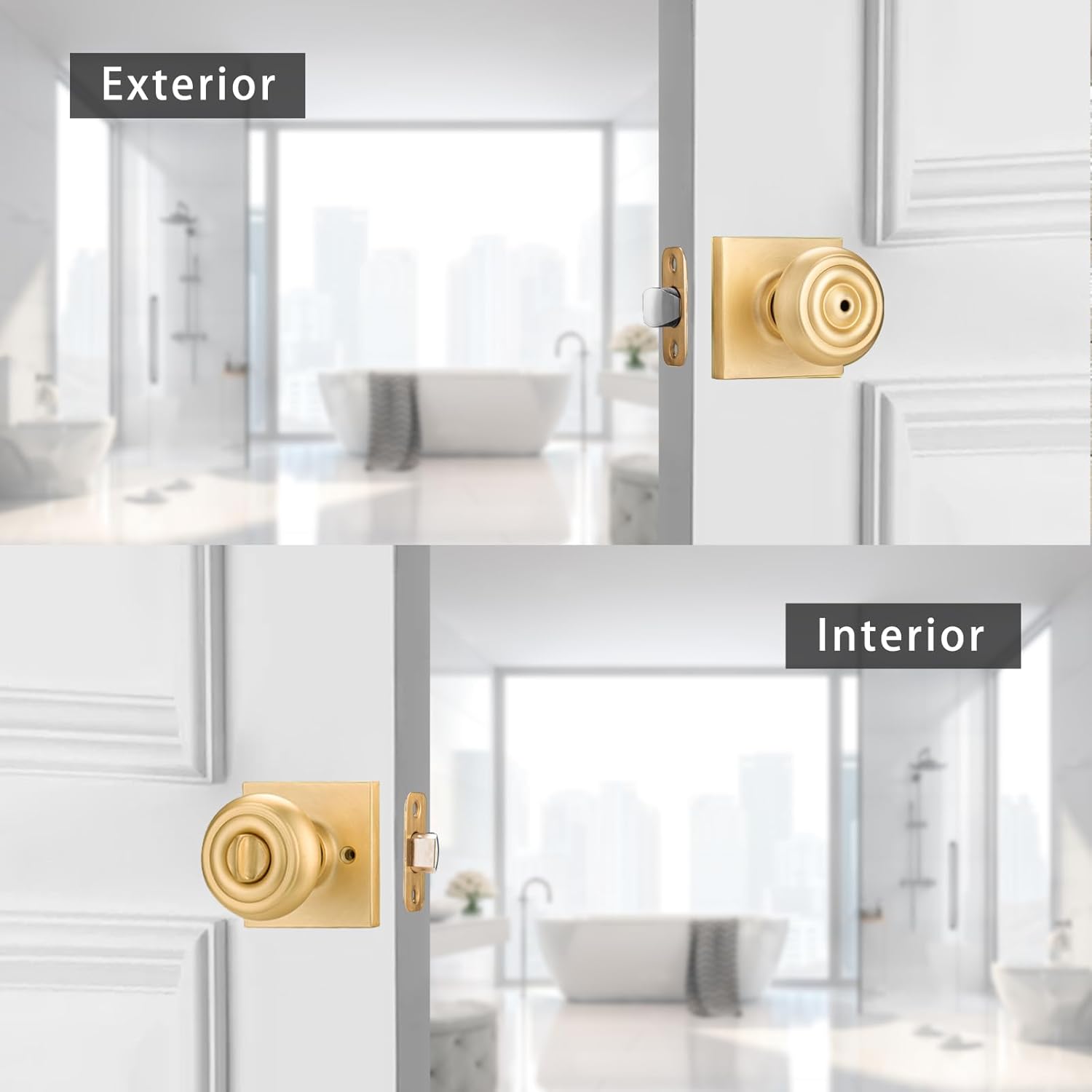6 Pack Gold Door Knobs Interior with Turn Lock, Door Knob with Lock for Bath & Bedroom,Privacy Doorknobs with Square Rosette
