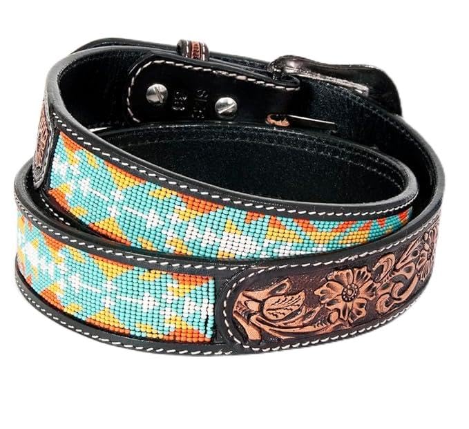 Western Style Handmade Beaded Men's Leather Belt Quality Thick Durable Wax Colorful Designs Cowboy Alloy Classic Fitted Casual Formal Wear in Pant Trouser Jeans Size: W-40-43/L-51in