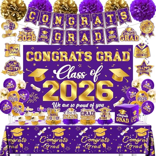 2026 Graduation Decorations Kit - Purple and Gold Class of 2026 Party Decor with Congrats Grad Banner Backdrop Hanging Swirls Paper Pompoms Balloons for High School College Graduation Party Supplies