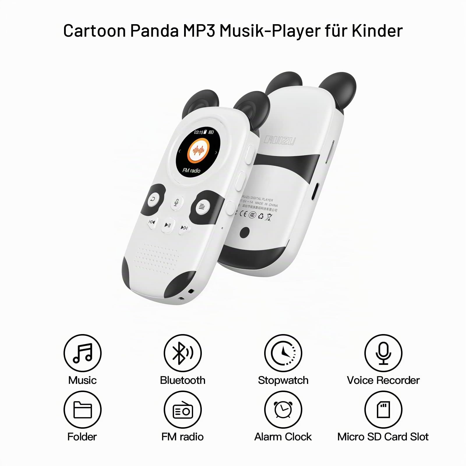 RUIZU 64GB MP3 Player Kinder Bluetooth 5.0 mit kopfhörer Lautsprecher Unterstützt UKW-Radio, Wecker, EIN-Tasten-Aufnahme, Stoppuhrfunktion
