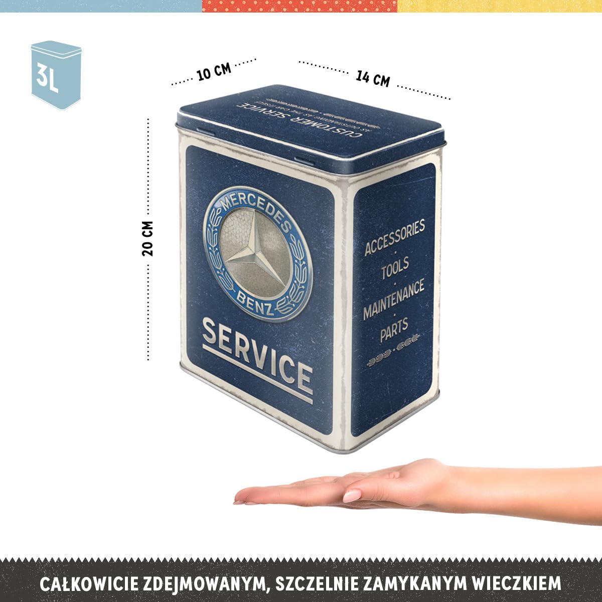 Nostalgic-Art Pudełko do przechowywania w stylu retro, L, 3 l, Mercedes-Benz – niebieski emblemat serwisowy – pomysł na prezent dla fanów Mercedes-Benz, oficjalny produkt licencyjny (OLP), duża