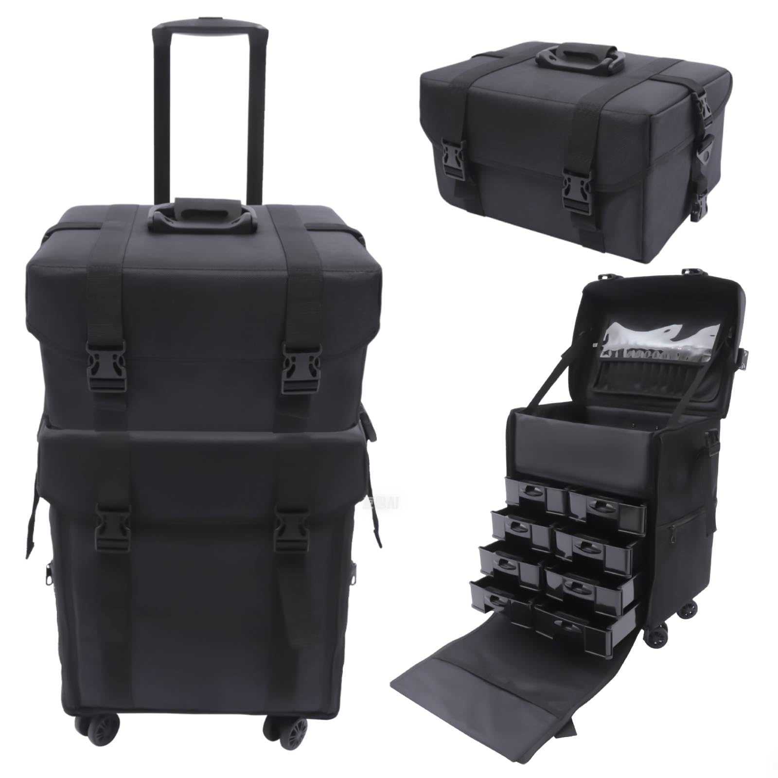 Friseurkoffer 2 in1 Kosmetik Trolley Beauty Tasche mit Schultergurt, Make up Koffer Nagelkoffer mit 8 Schubladen & Rollen, Schminkkoffer Beauty Case Friseur Box Multikoffer