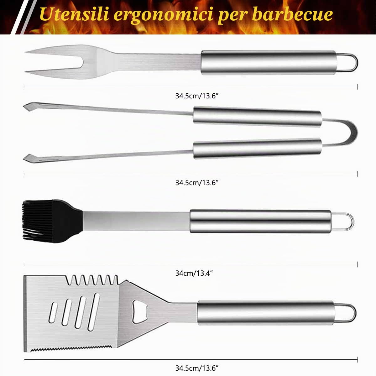 Set di 7 utensili per barbecue in acciaio inox, con borsa per il trasporto, spatola, pinze e forchetta, accessori per barbecue, cucina all'aperto e campeggio