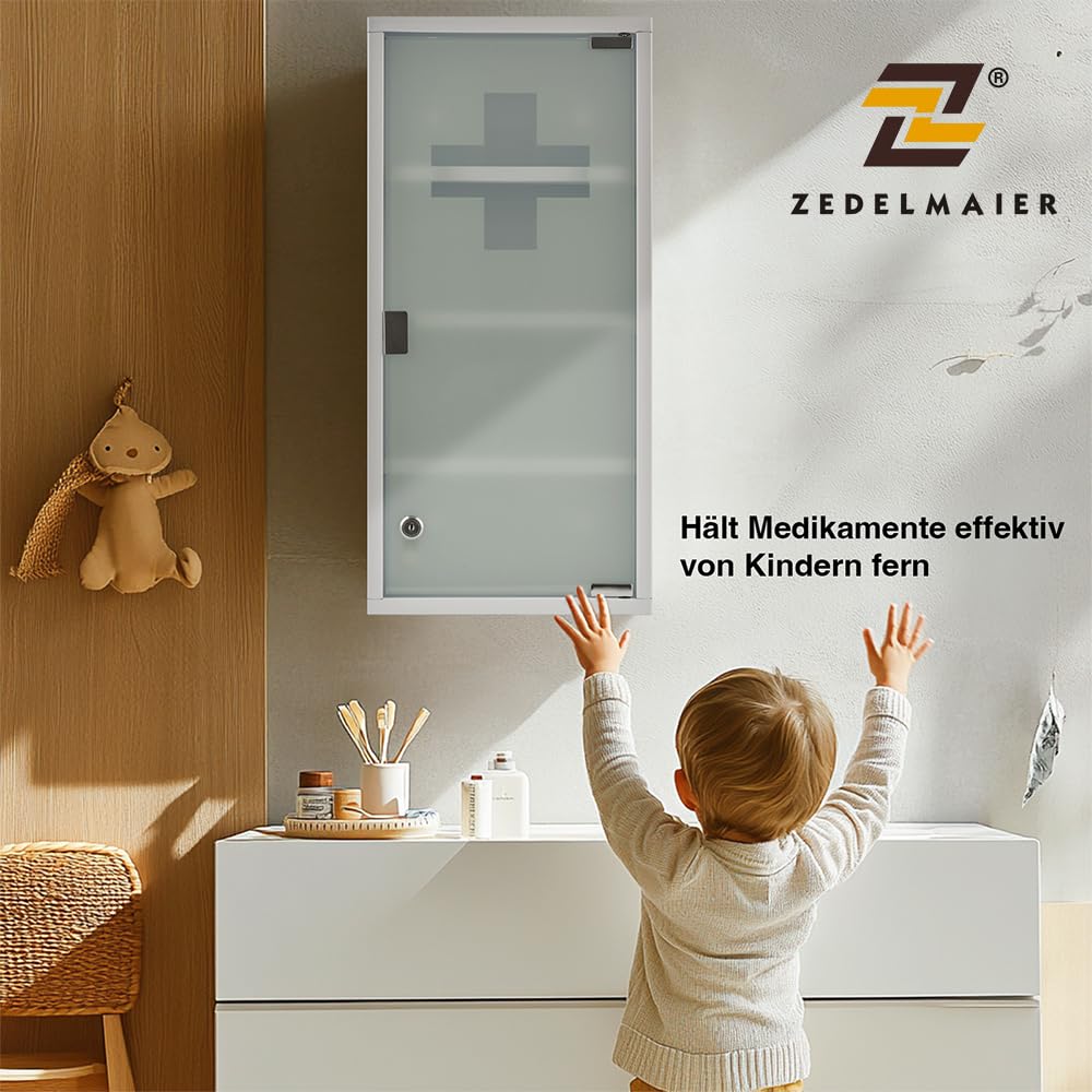 Zedelmaier Medizinschrank aus Edelstahl,Medikamenten Aufbewahrung,Medikamentenschrank 4 Fächer,Apothekerschrank,Badezimmerschrank,Hängend,Abschließbarer Medizinschrank,57 x 27 x 12 cm,Weiß