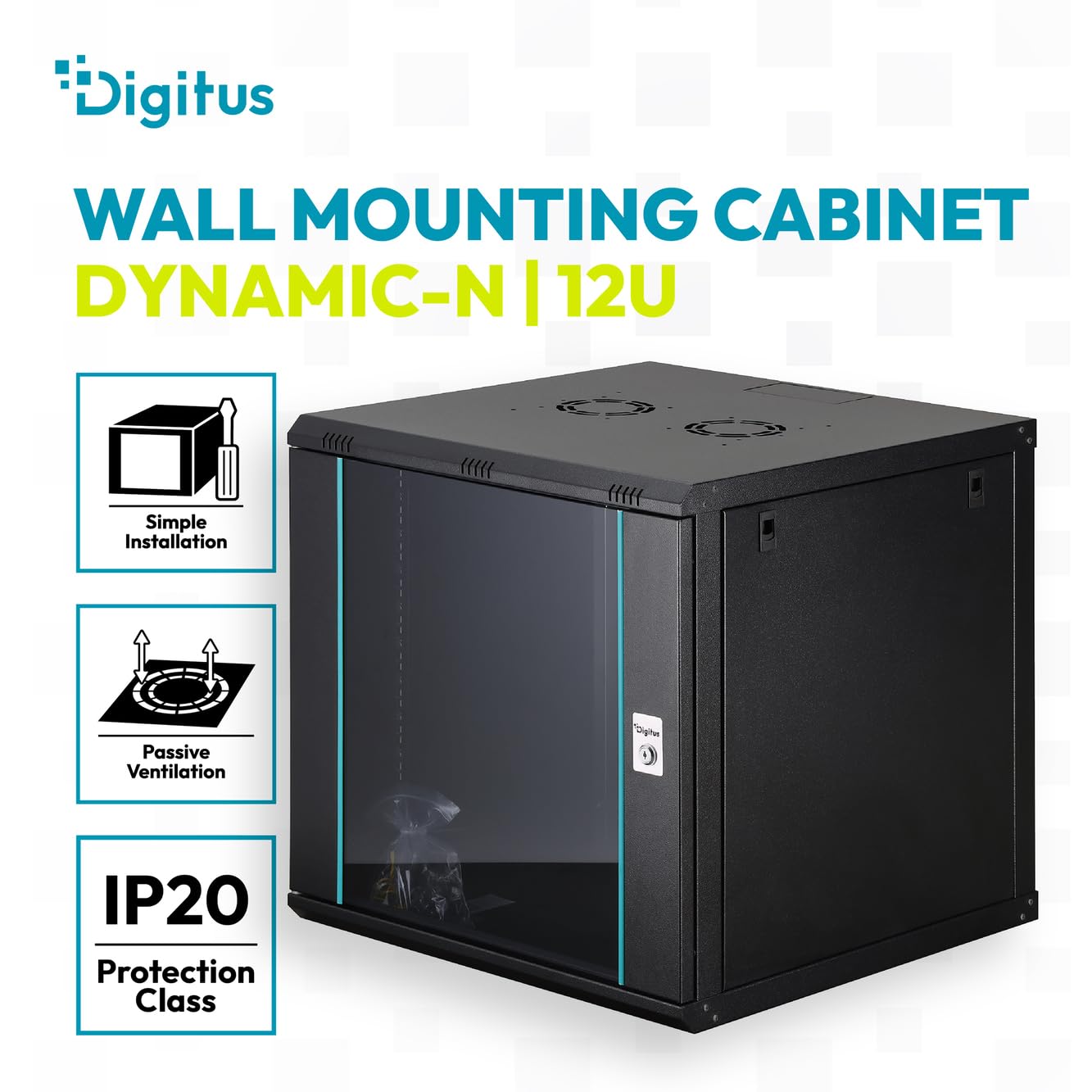 DIGITUS Szafa sieciowa – szafa 19-calowa 12U – niezmontowana – montaż na ścianie – głębokość 600 mm – głębokość użytkowa 470 mm – nośność 60 kg – szklane drzwi – seria Dynamic-N – czarna