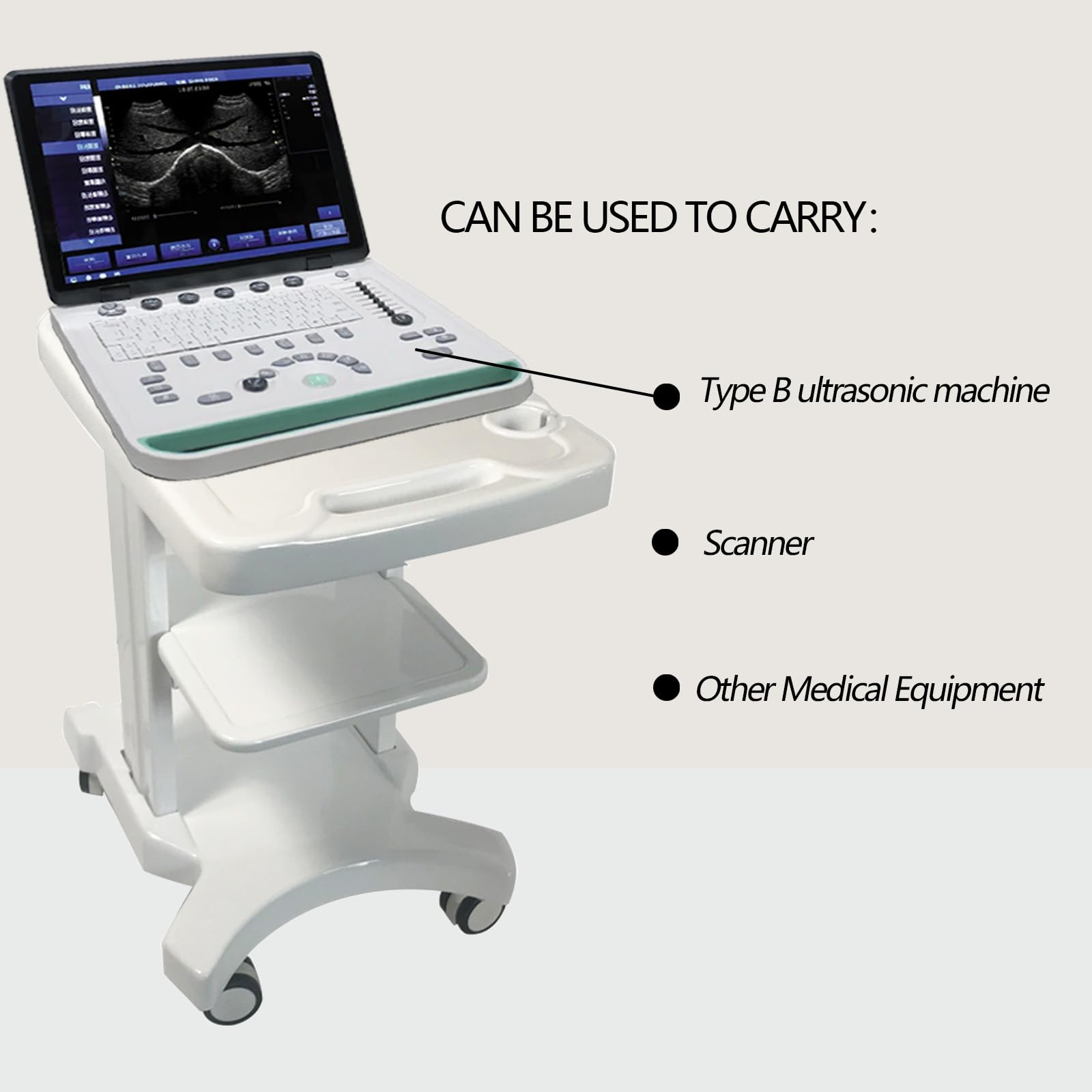 INTSUPERMAI Mobile Trolley for ultrasonic Imaging Scanner System Portable Ultrasound cart White 3 Layers with 2 Brake Wheels,4 Wheels 3 Holes