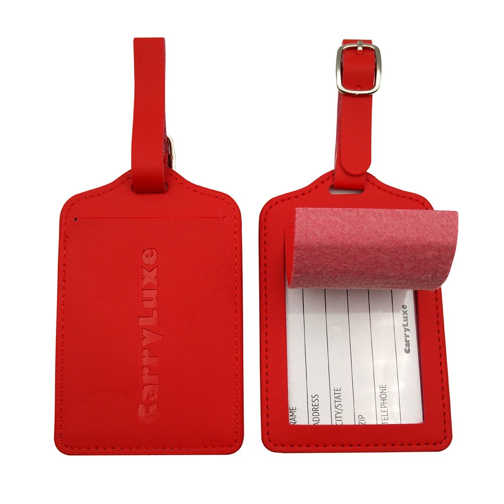 PU Leatherette Luggage Tags,Set of 4 w/Full Privacy Flap for Bags Identification by CarryLuxe(Red)