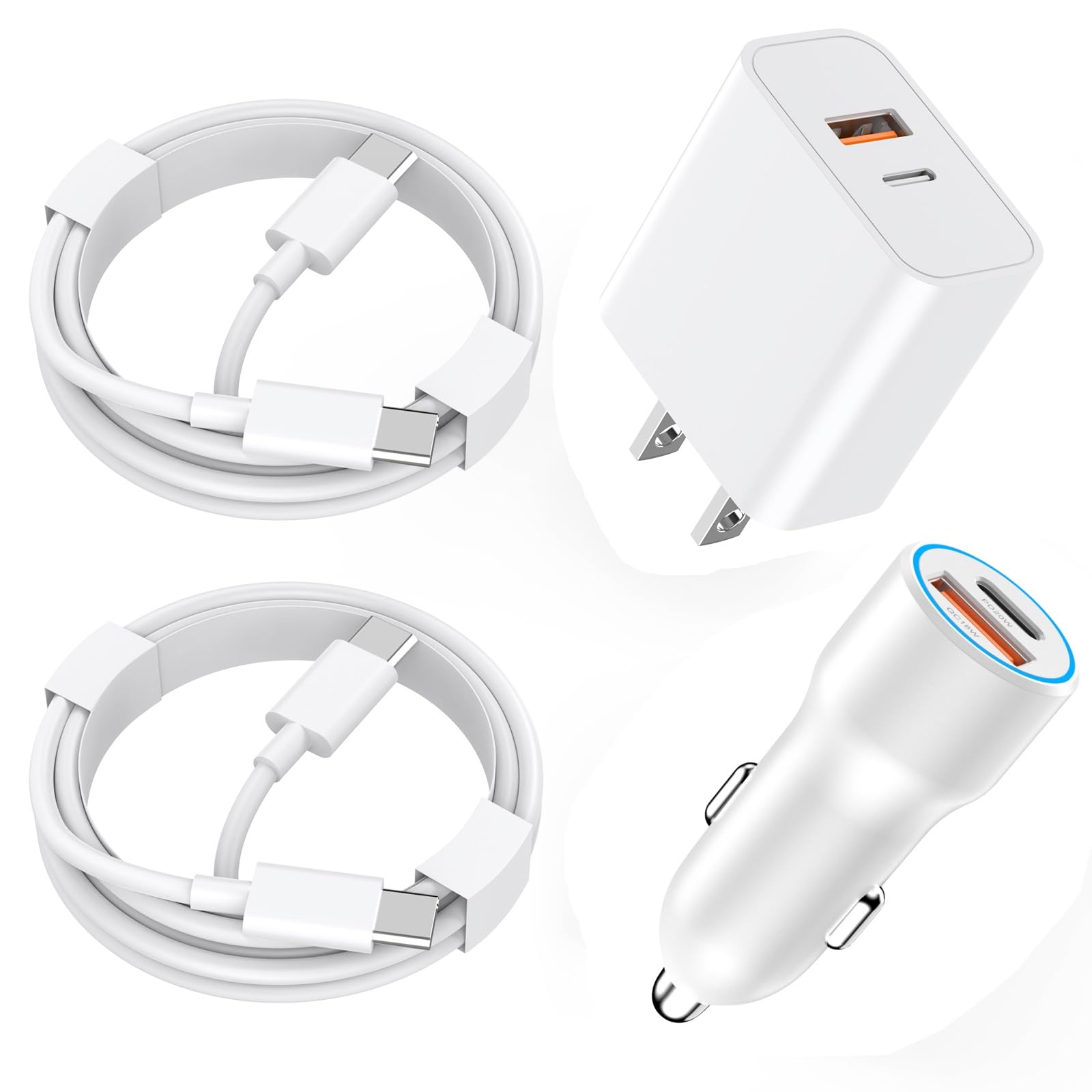 USB C Car Charger Compatible with iPhone 16/16 Plus/16 Pro/16 Pro Max/15/15 Plus/15 Pro/15 Pro Max, 38W Dual Port USB C Fast Car Charger + 20W Dual Port USB C Wall Charger + 2 Pack 3FT USB C to C Cord