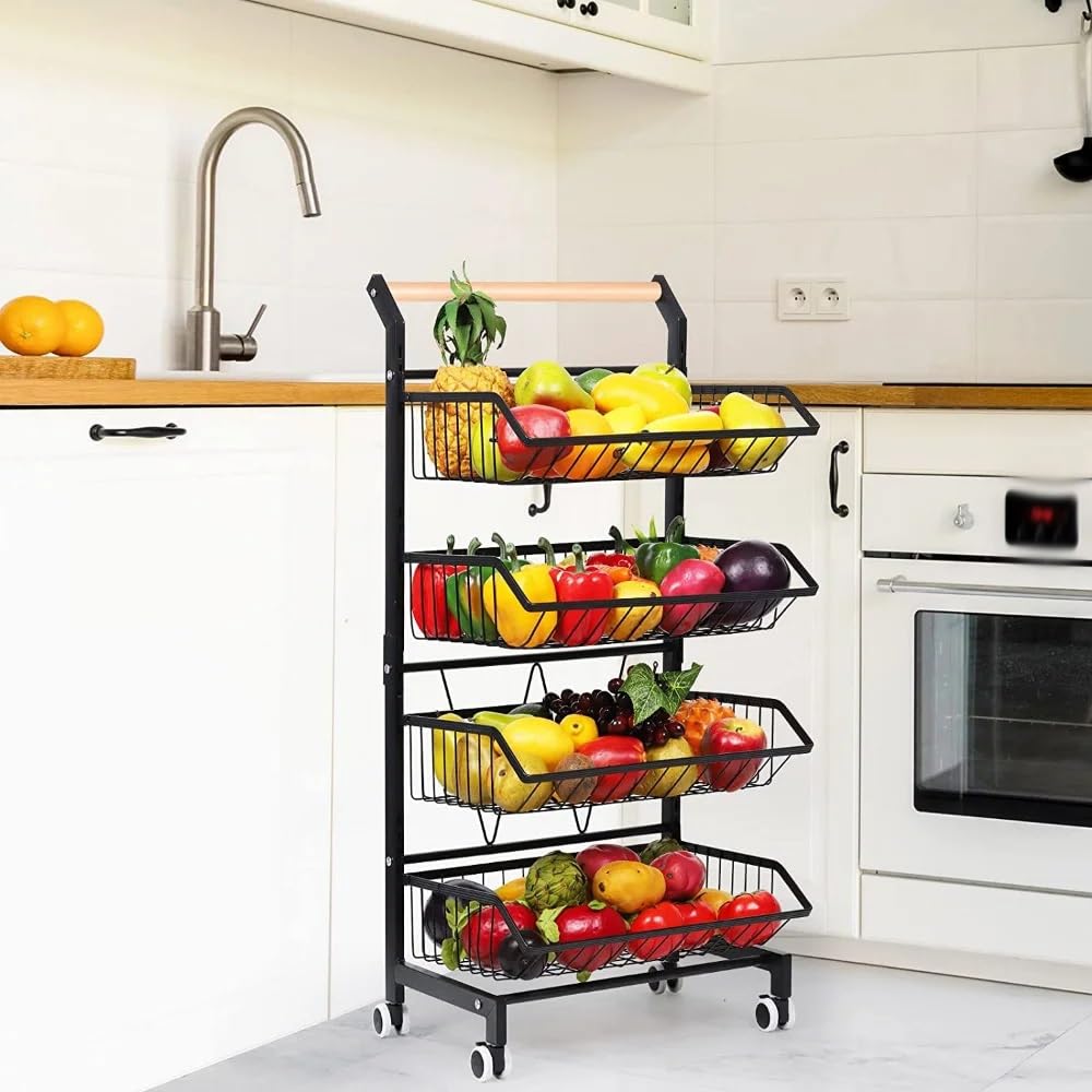 Carrito rodante de 4 niveles para frutas y verduras con asa y ruedas, isla de cocina negra, solución móvil para frutas y verduras, diseño que ahorra espacio