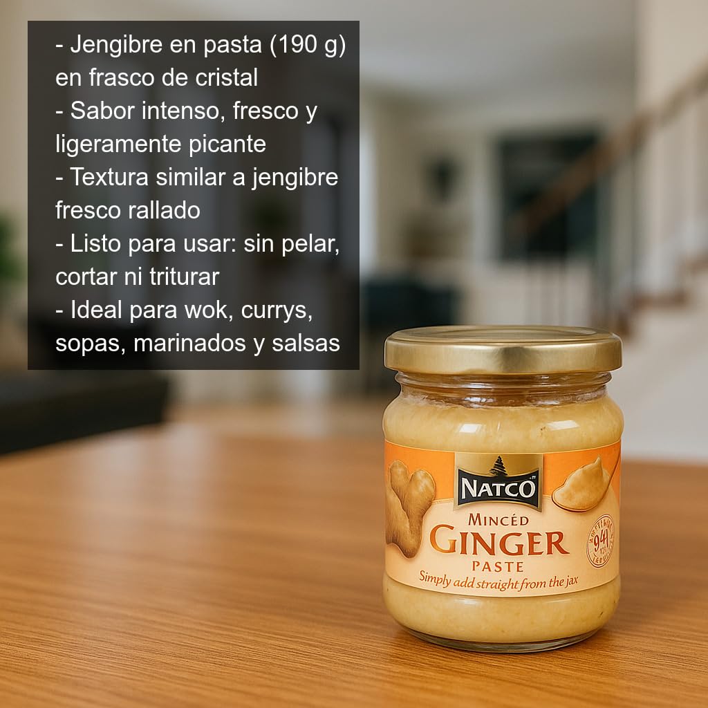 Jengibre en pasta 190 g en frasco de cristal, sabor intenso y fresco para currys, wok, sopas, marinados y salsas, ahorro de tiempo sin pelar ni rallar