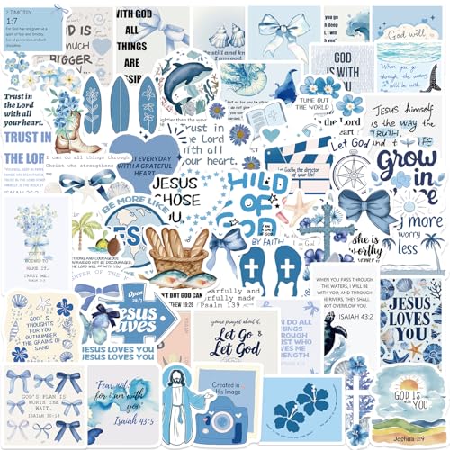 GUBPHK 52PCS Blue Watercolor Bible Stickers - Serene Scripture Decals, Waterproof Christian Journaling Stickers for Women’s Journals, Laptops & Water Bottles (Tranquil Faith Gifts)
