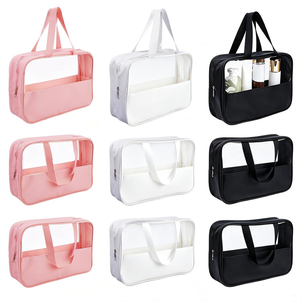 AHANDMAKER 9 astucci trasparenti per cosmetici con chiusura lampo, rettangolari, da viaggio, con manici da appendere, per donne, viaggi, organizer quotidiano
