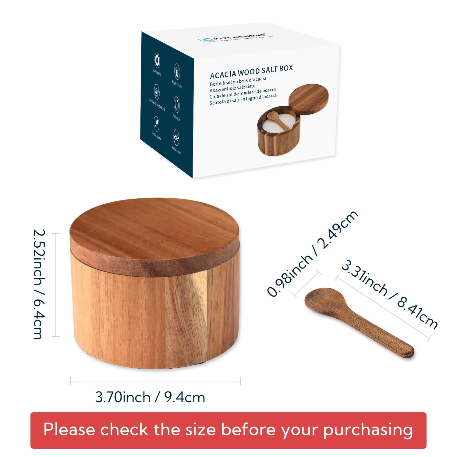 KITCHENDAO Swivel Magnetic Lid and Marble Lid Acacia Salt Cellar