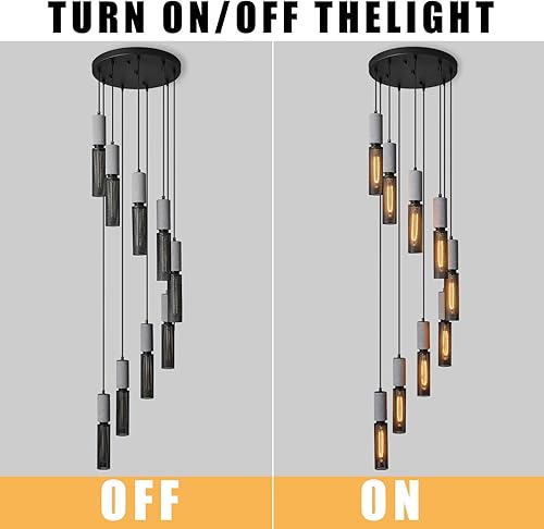 Miniatura 4 de Lámpara colgante lineal negra de hormigón de 9 luces con pantalla de malla metálica, lámpara grande para escalera, vestíbulo, sala de estar,