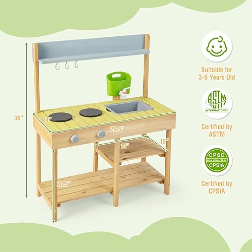 Miniatura 8 de HONEY JOY Cocina de barro, cocina de madera de abeto para niños, mesa de barro, agua corriente, fregadero extraíble, juego de cocina para niños al