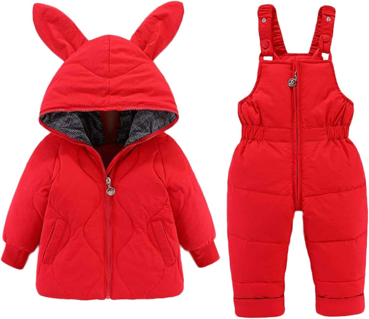 Baby Boys Girls Kids Hooded Ears Cartoon Down Jacket Coat and Ski Bib Pants Snowsuit Winter Outfit Sets