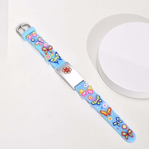 Miniatura 3 de MEALGUET Pulseras de identificación de alerta médica para niños, pulsera de identificación médica ajustable de silicona y acero inoxidable para