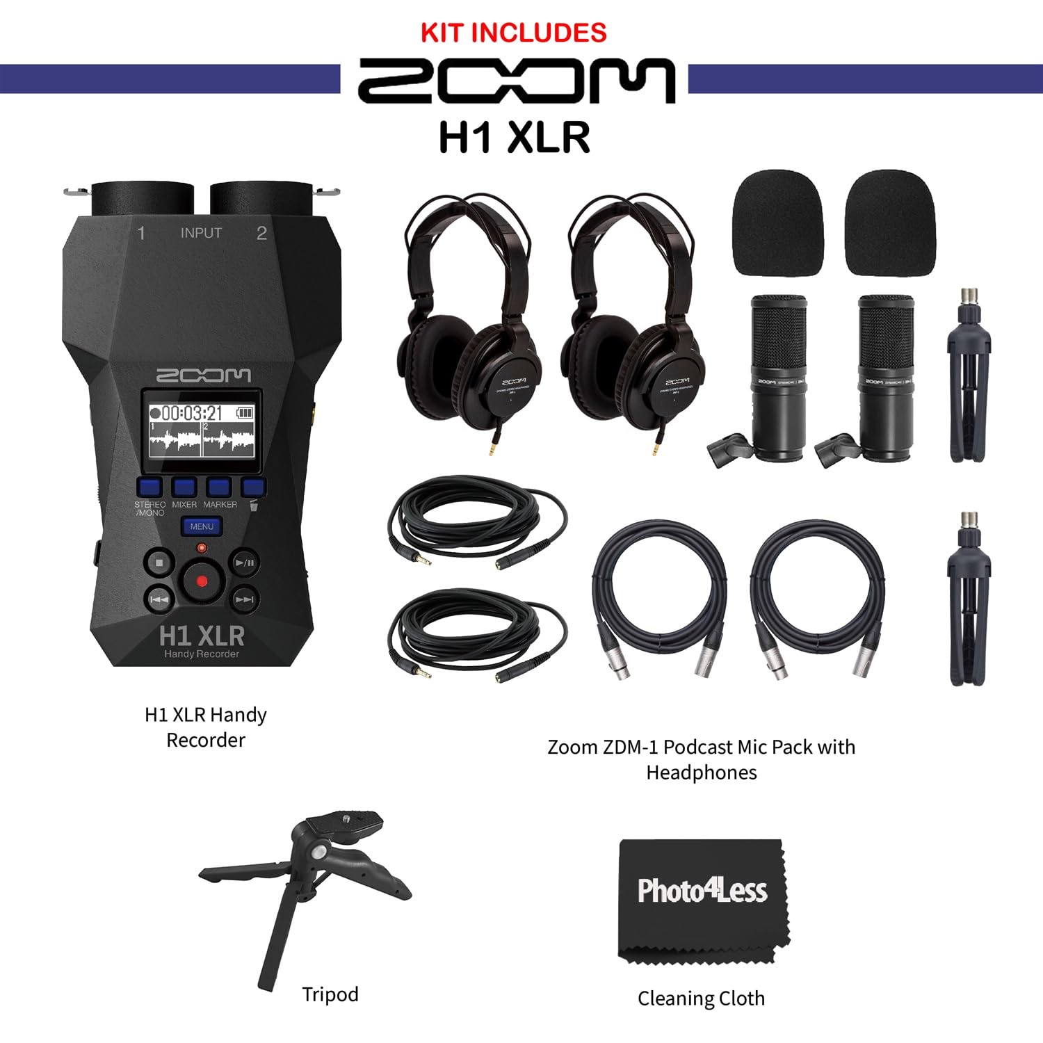 Zoom H1 XLR Handy Recorder, Bundle with 2X Zoom ZDM-1 Podcast Microphones, 2X Headphones, 2X Windscreen, 2X XLR Cable, 2X Tabletop Stand, Table Tripod Hand Grip
