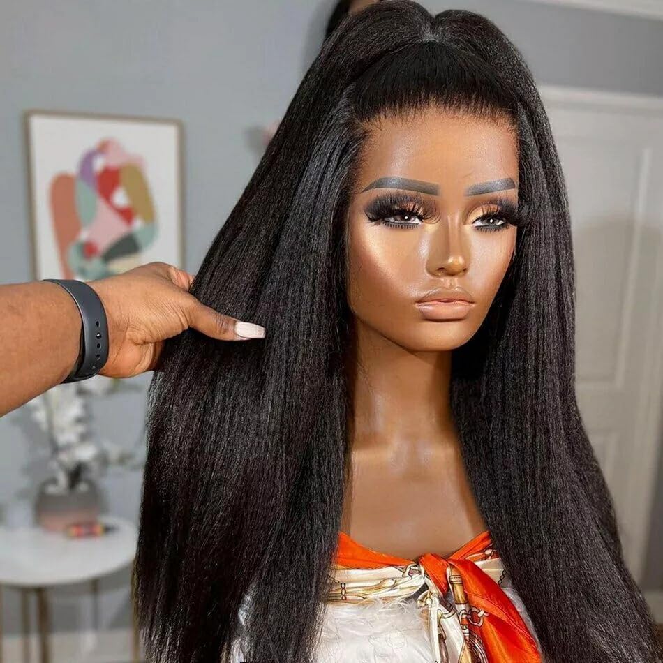 Urshiney 4x4 Yaki Lace Front Human Hair Wig for Black Women Brazilian Virgin Hair Kinky Straight Frontal Wigs Pre Plucked With Natural Hairline 180% Density Natural Color 26 Inch - Image 2