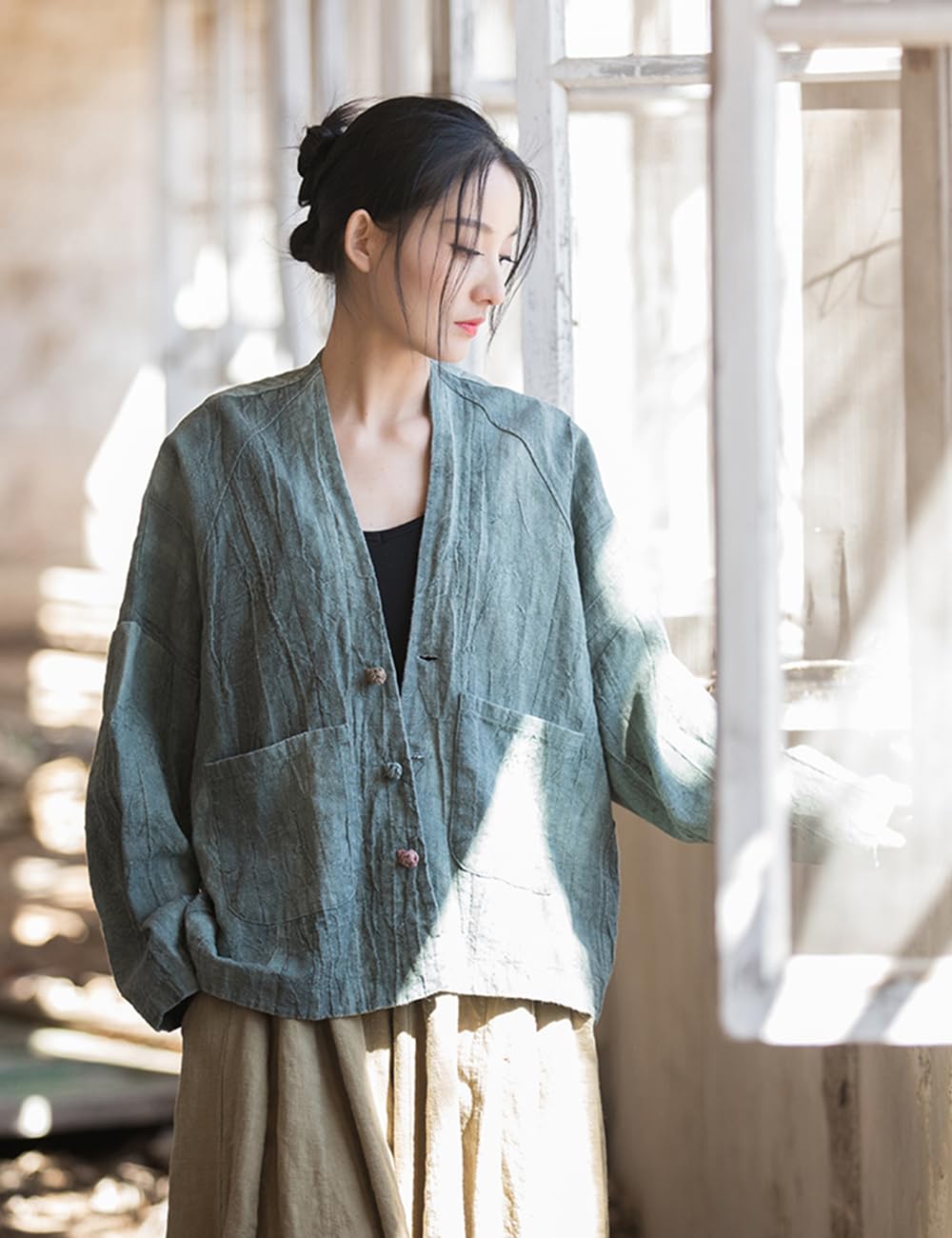 NFYM Damen Leichte Baumwolle Leinen Vintage Tie Dye Loose Fit Open Front Kimono Cardigan Jacke Outwear
