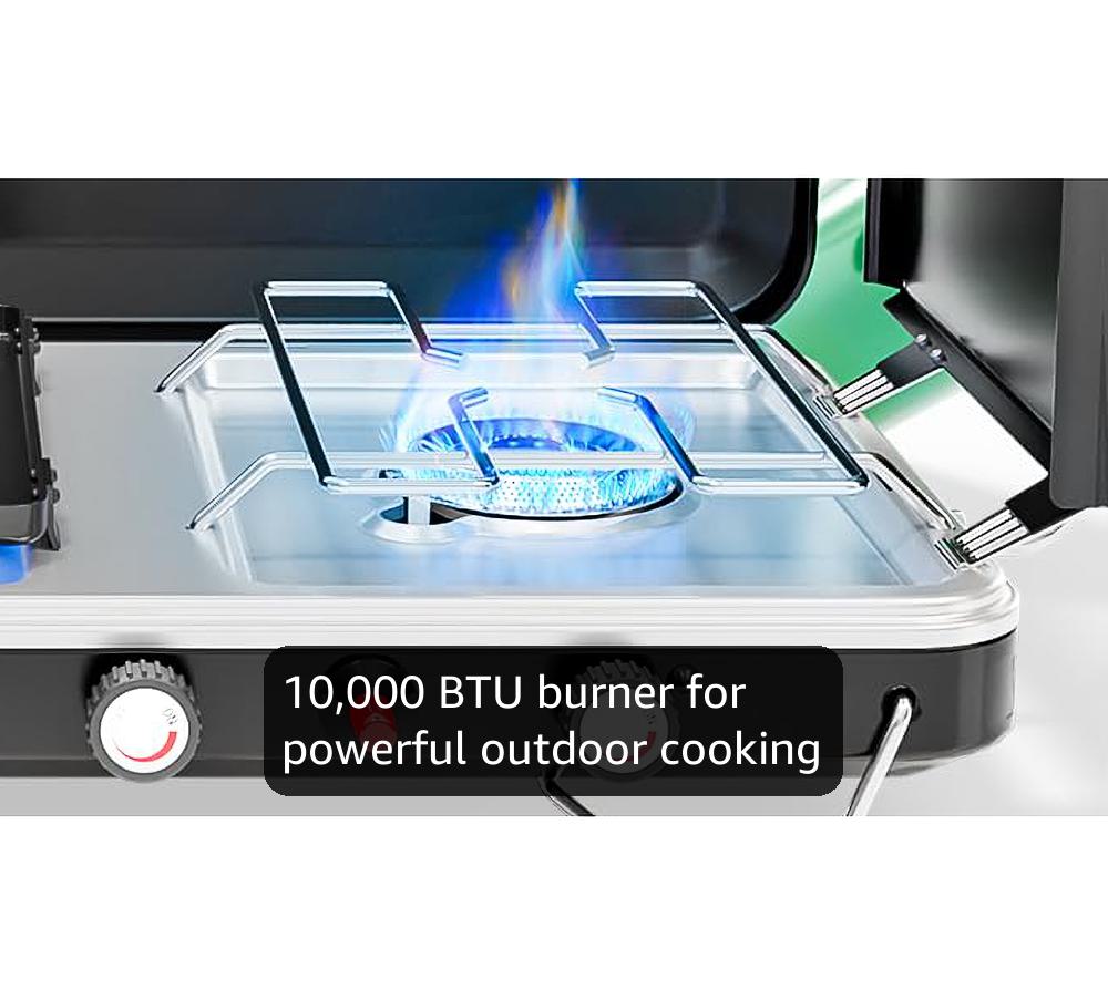 2-in-1 campingkooktoestel, 2-pits deluxe campingkooktoestel incl. adapter grillplaat, draagbaar campinggasfornuis, winddicht voor kamperen en wandelen