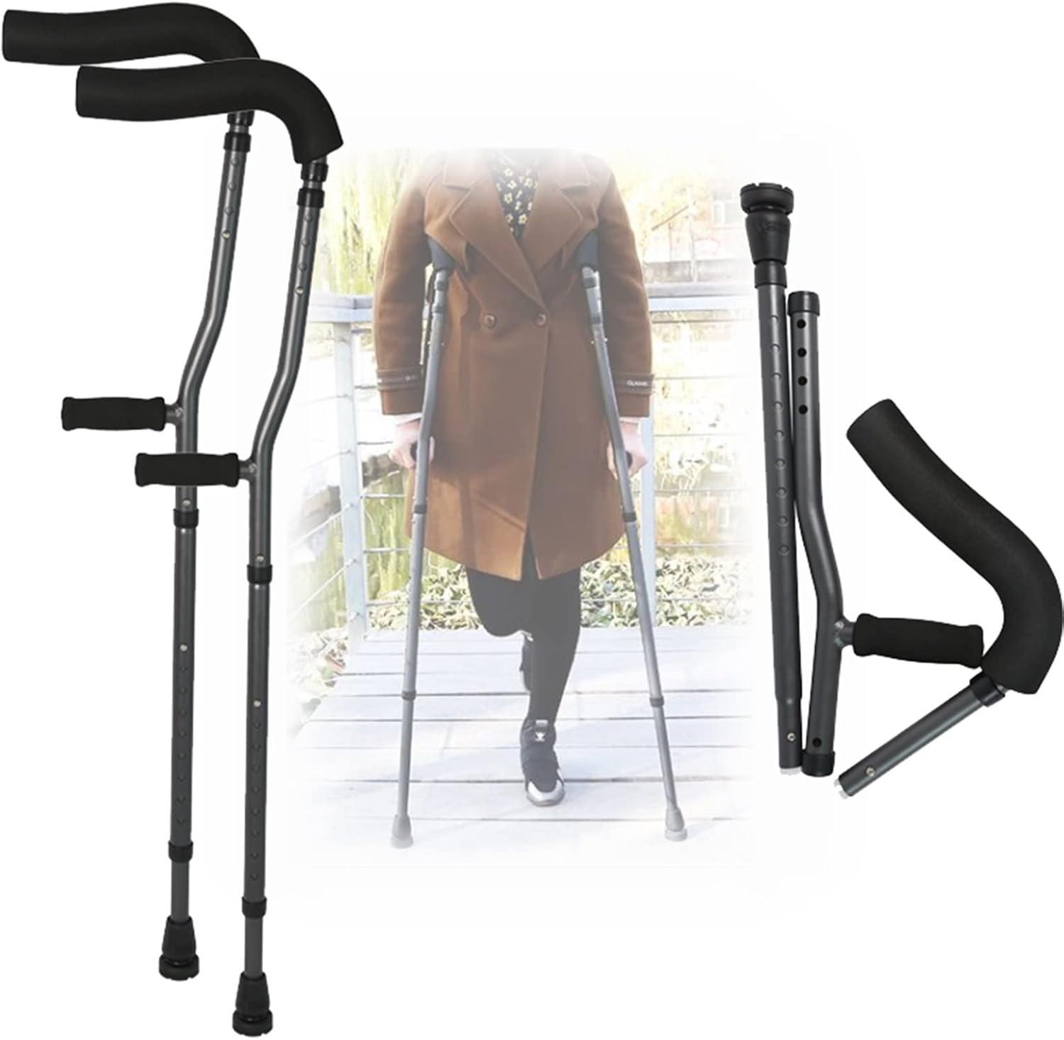 Folding Underarm Crutches Adults, 9Level Height Adjustable