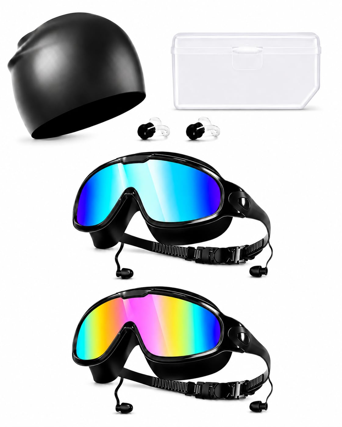 TorsuupTittan Swim Goggles Adults 2 Pack, Wide View Anti Fog UV Protection, No Leak Swimming Goggles and Swim cap for Adults Men Women
