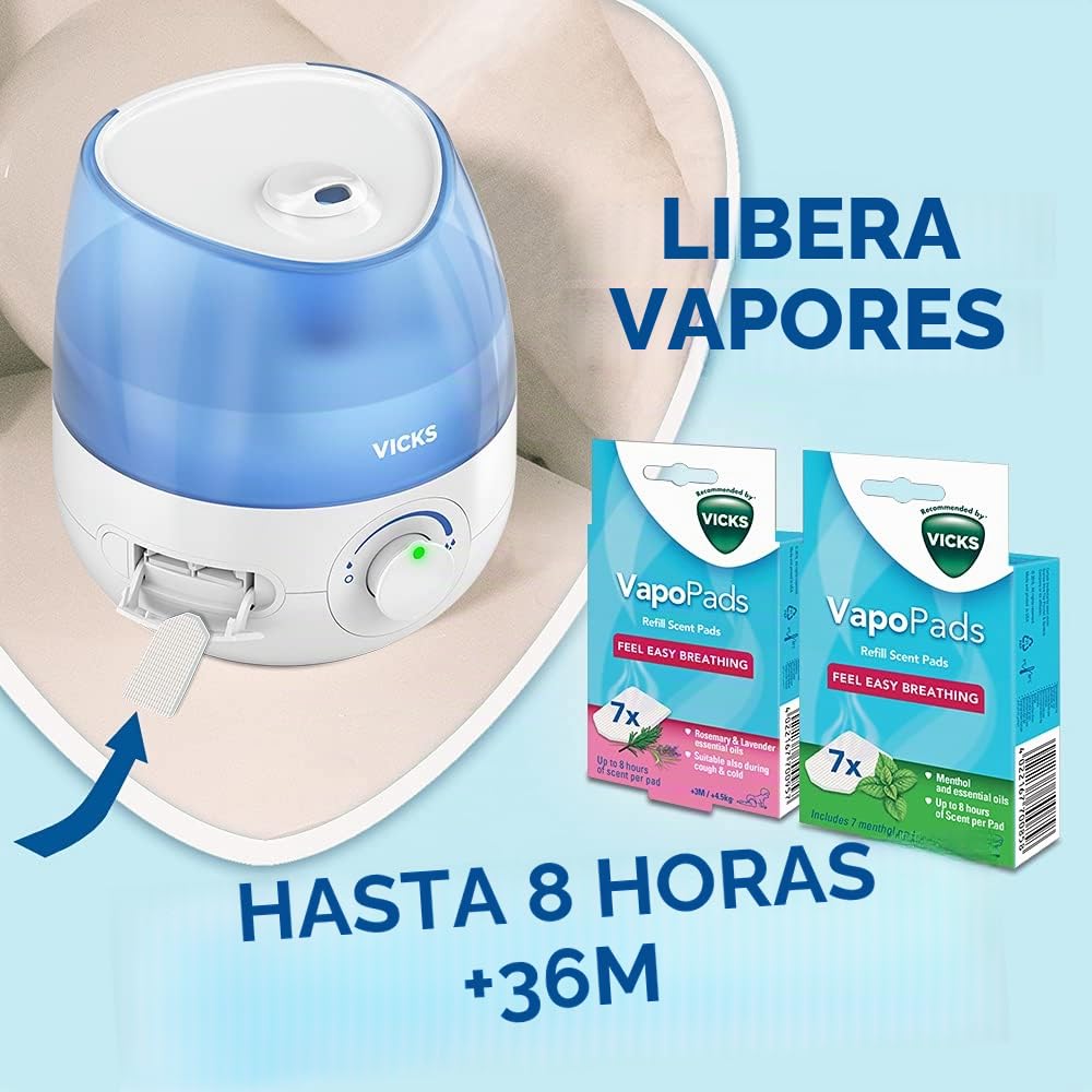 Vicks Mini humidificador ultrasónico Cool Mist - Control de niebla ajustable - Depósito de 1,8 L - Uso doméstico en dormitorios, oficinas, guarderías - Habitaciones de hasta 15 m2 - Funcionamiento