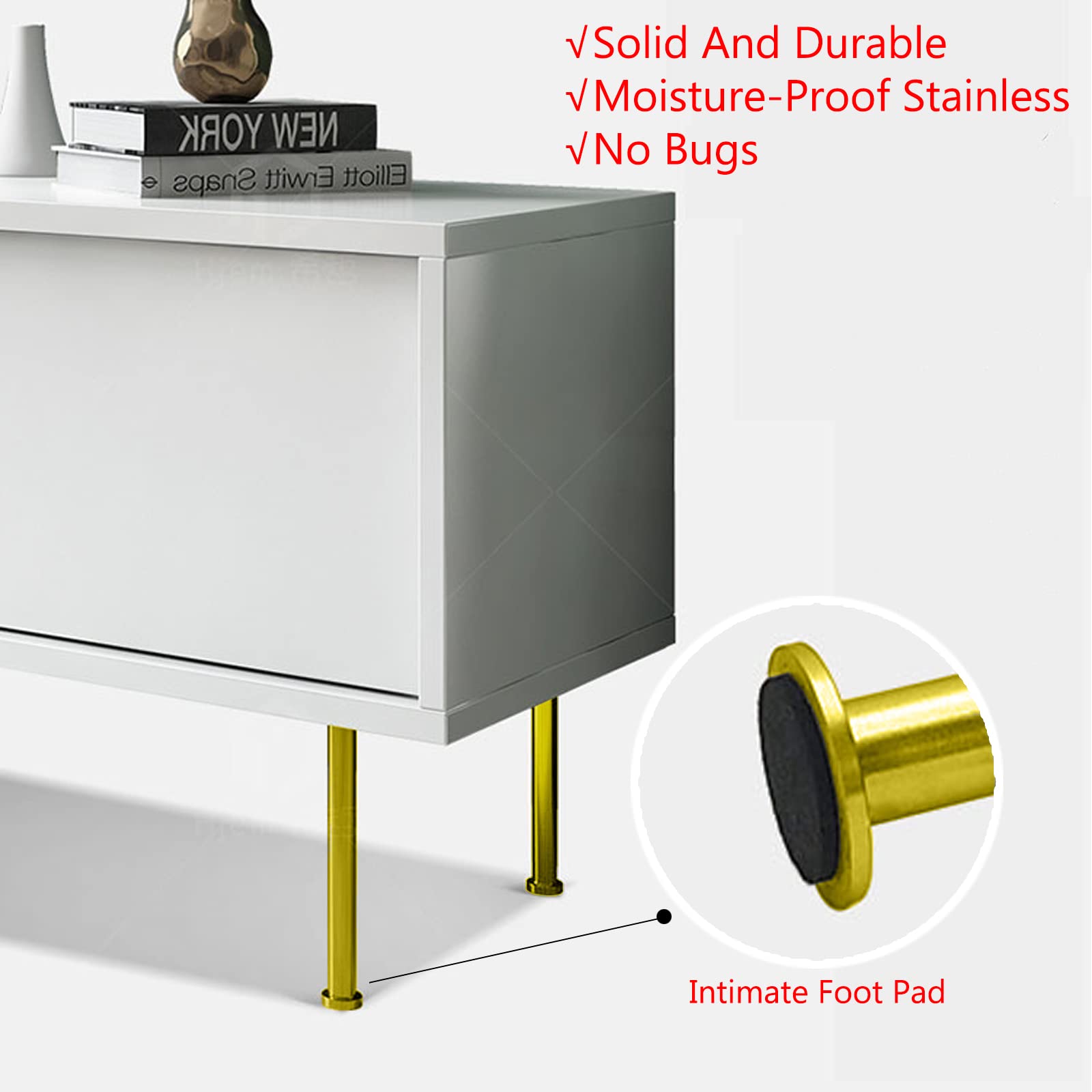 SRHIMEOS 4 Stück Möbelfüße Gold, Rostfreier Stahl, Bettfüße Ersatzfüße Tischbeine, Schrankfüße, No-Slip Silent Base Platzierung Rostfreier Stahl, Stützfüße Mit Anschraubplatte (Height 16cm/6.29in)