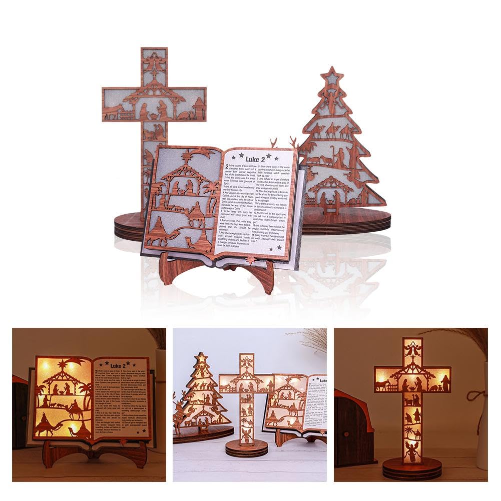 Houten kerststalboekdisplay met licht, 3D houten kerststal geïnspireerd