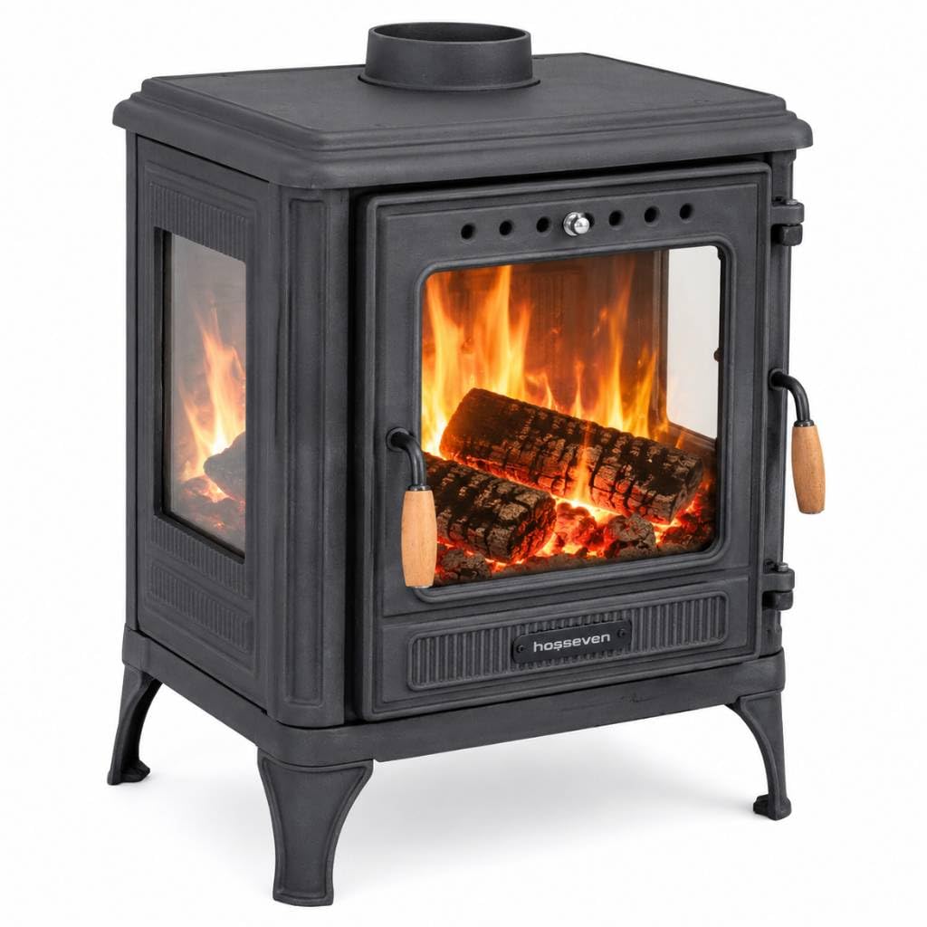 Kaminofen Holzofen Wohnzimmer Holzkamin 8005CK Panorama 3 Seiten Glas 7 kW Holz Ofen Kamin Heizofen Schwedenofen Mehrfachbelegung