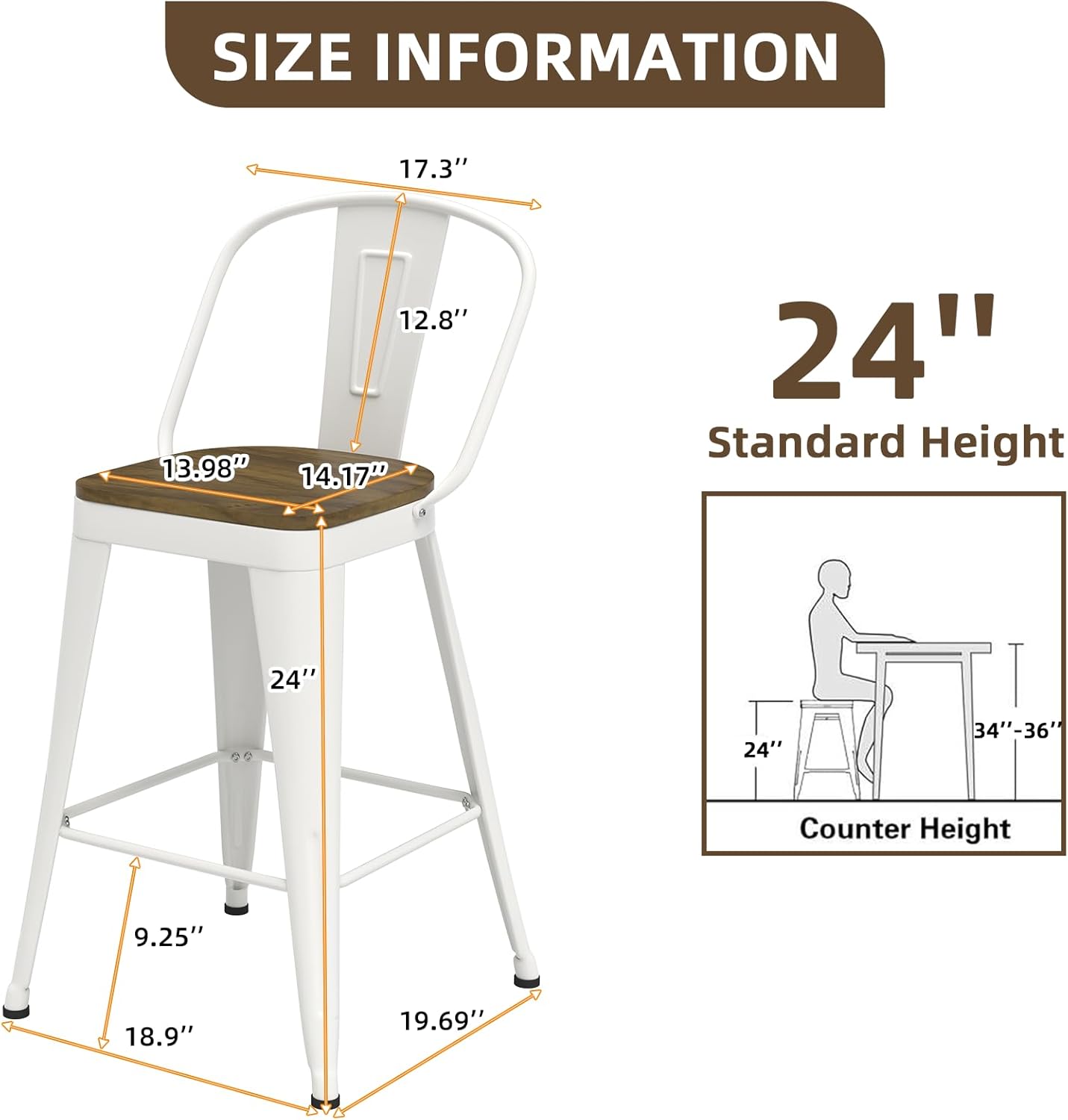 24 Inch Bar Stools Set of 4,High Back Counter Height Bar Stools with Wooden Seat, Metal Industrial barstools for Kitchen Island (White)