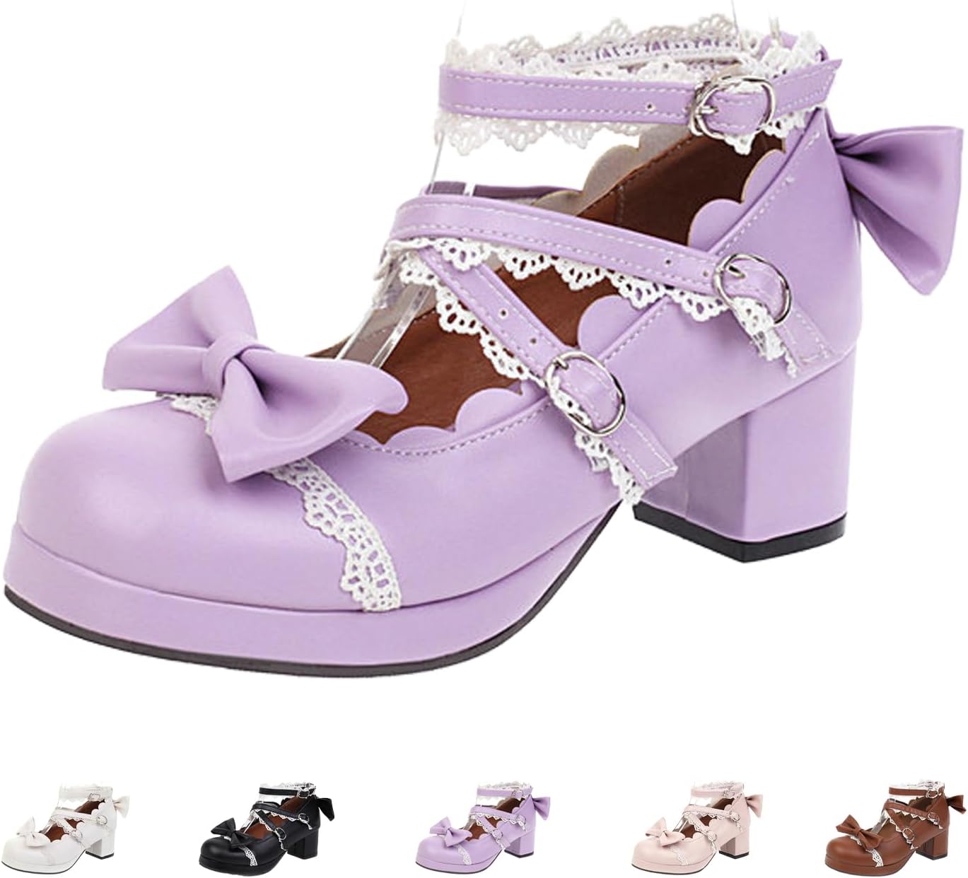 Women's Kawaii Gothic Lolita Mary Jane Shoes Chunky Platform High Heel with Sweet Bow Buckle Ankle Strap for Cosplay Party and Daily Wear