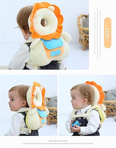 Miniatura 6 de JunNeng Mochila protectora de cabeza de bebé con chirriador, cojín de protección de seguridad para cabeza de niño, león amarillo