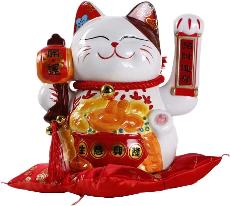 10" Lucky Fortune Cat with Waving Arm Gold Operated Chinese Feng Shui Deoration Lucky Cat for Shops, Restaurants, living Room