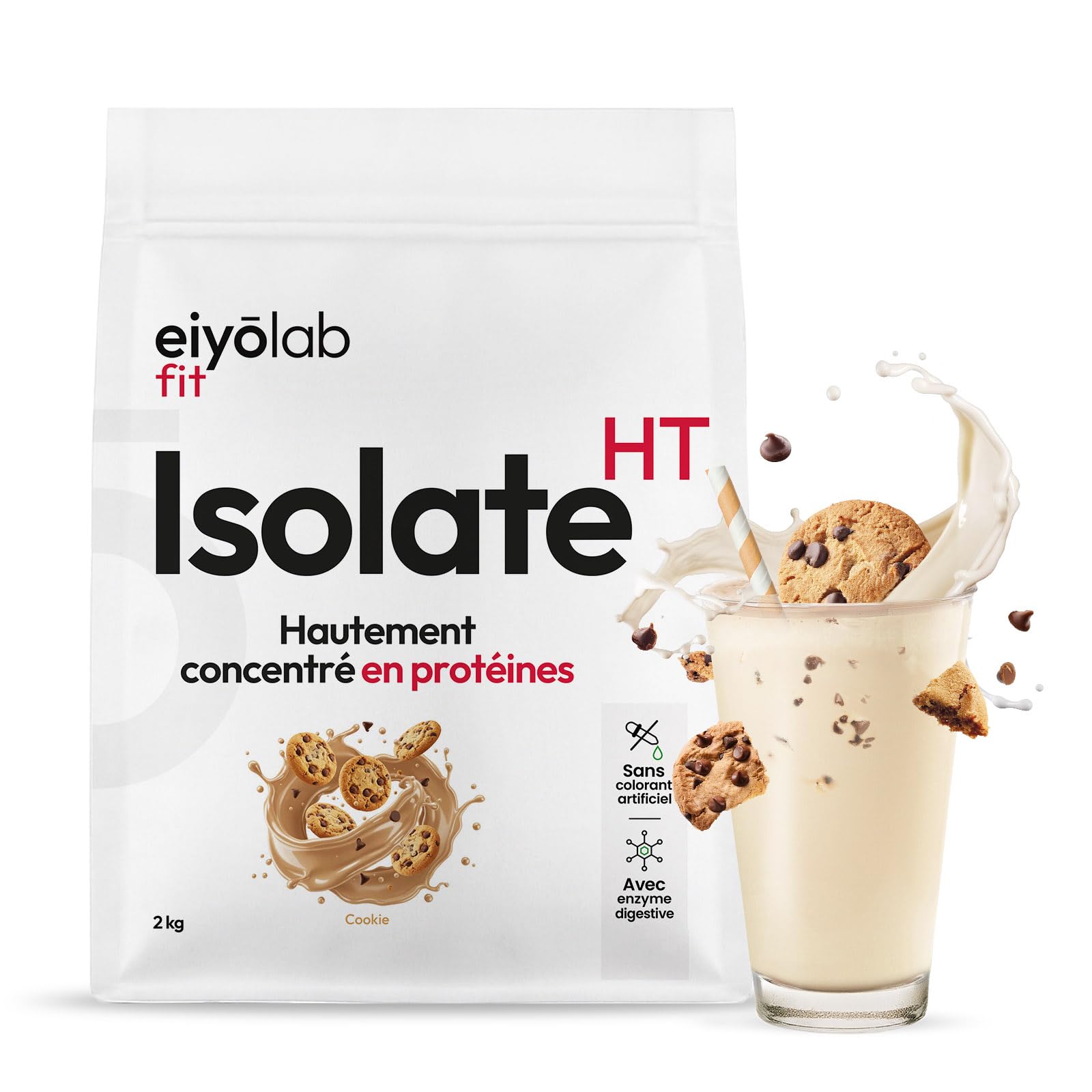 ISOLATE HT | Whey Aislado de Proteína en Polvo | Hasta 88% de Proteína | Rica en BCAA + Glutamina | Culturismo rápido y seco | Bajo en Lactosa | Sabor Cookie | 2 kg | Eiyolab