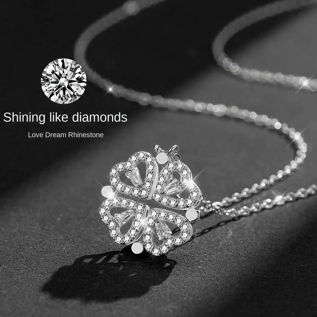 Collana Quadrifoglio In Argento 925 Con Zirconi | Ciondolo Magnetico 2 In 1: Cuore E Quadrifoglio Portafortuna Donna