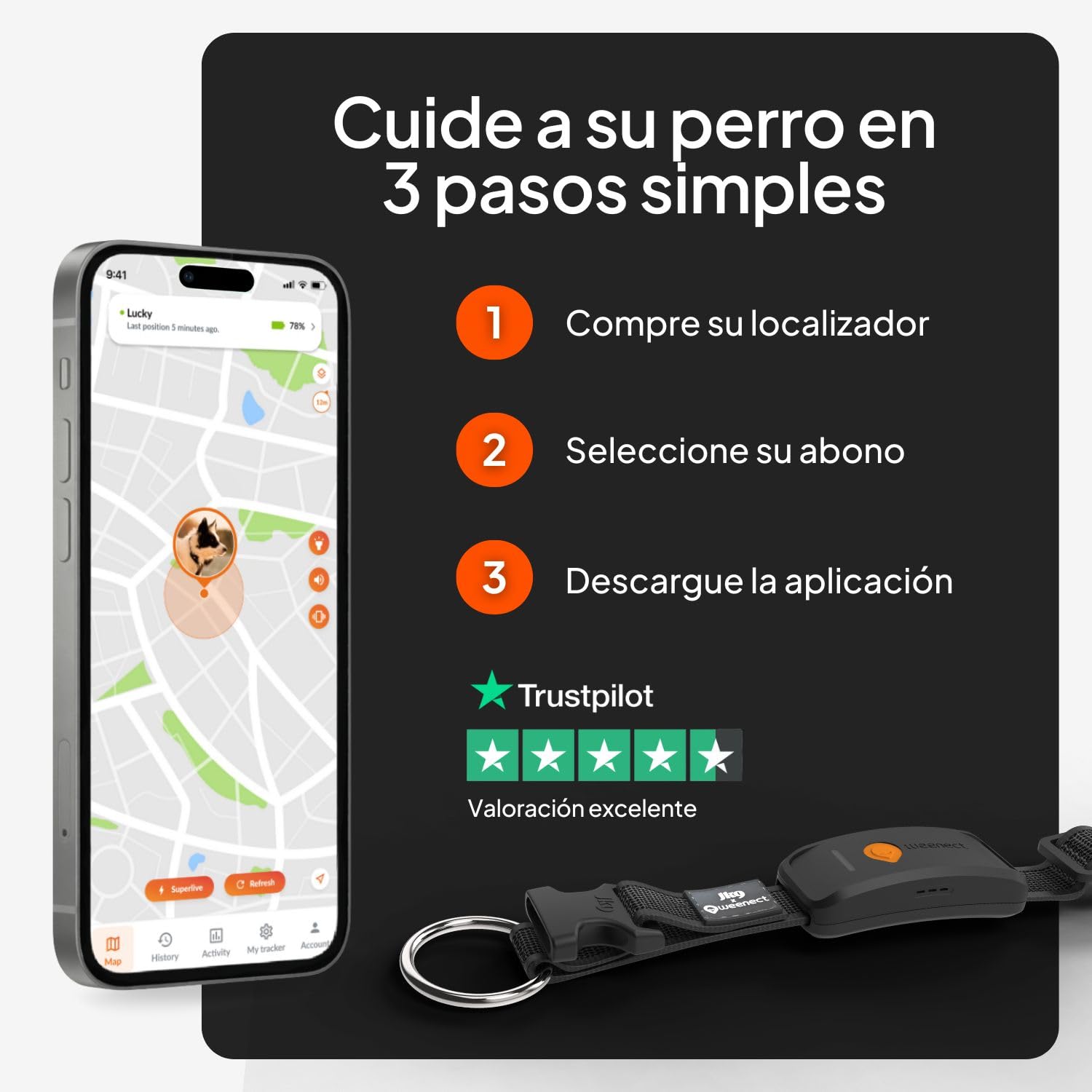 Weenect Dog XT - Nuevo Collar GPS para Perros | Antena XL | Impermeable | Collar Negro Ultra-Resistente Integrado Julius-K9 | Garantía de por Vida | Suscripción requerida