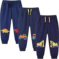 Vista 1 de GFQLONG Paquete de 3 pantalones deportivos elásticos con cordón para bebé, de algodón, dinosaurio, con bolsillos