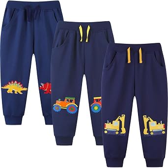 GFQLONG 3 Pack Baby Boy Drawstring Elastic Sweatpants,Toddler Cotton Dinosaur Active Jogger Pants with Pockets