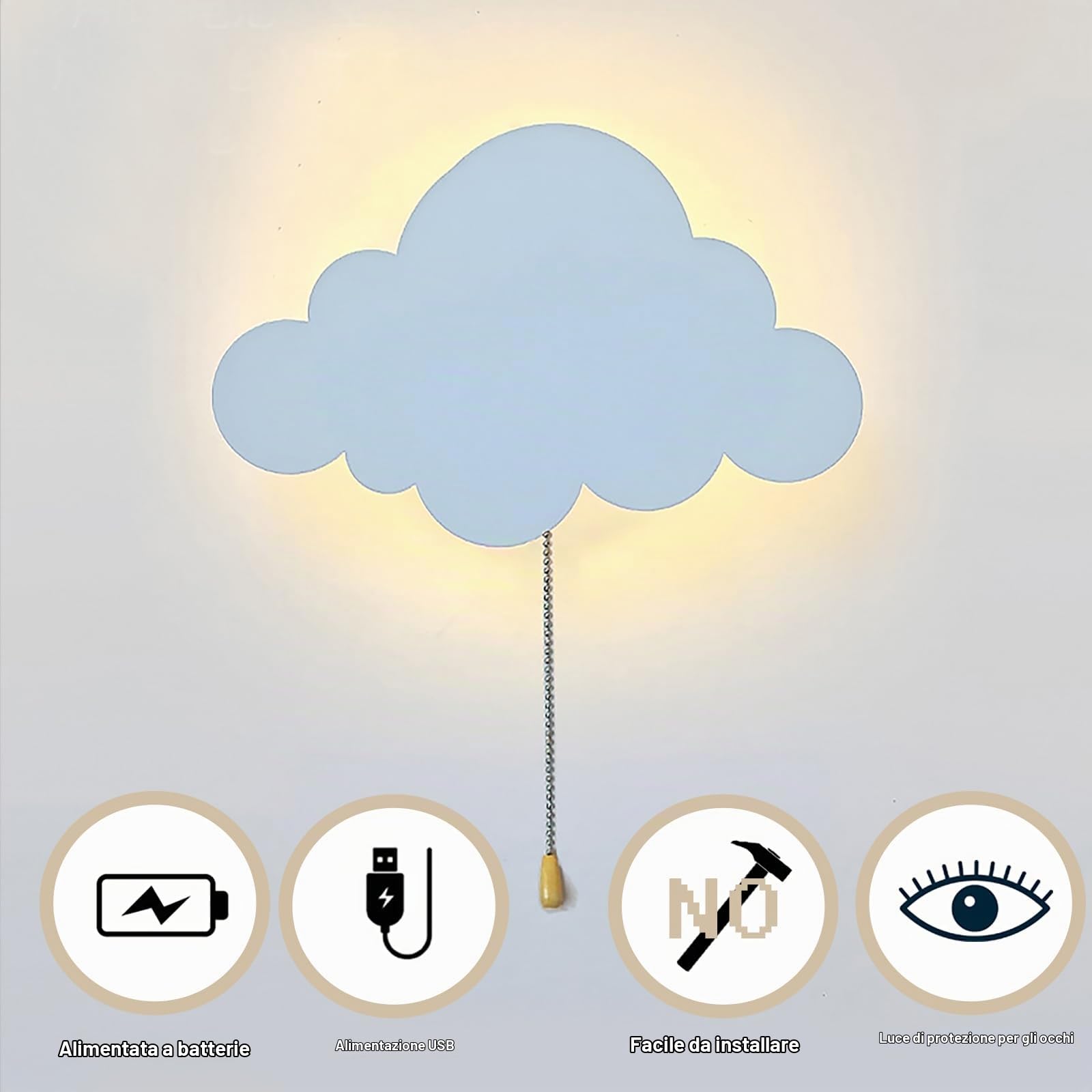 Chrasy Applique LED Bambini a Forma di Nuvola in Ferro Bianco 5W con USB | Interruttore tramite Cordino, Luce Calda Delicata, Alimentazione tramite Pile, Atmosfera Rilassante per Cameretta e Lettura