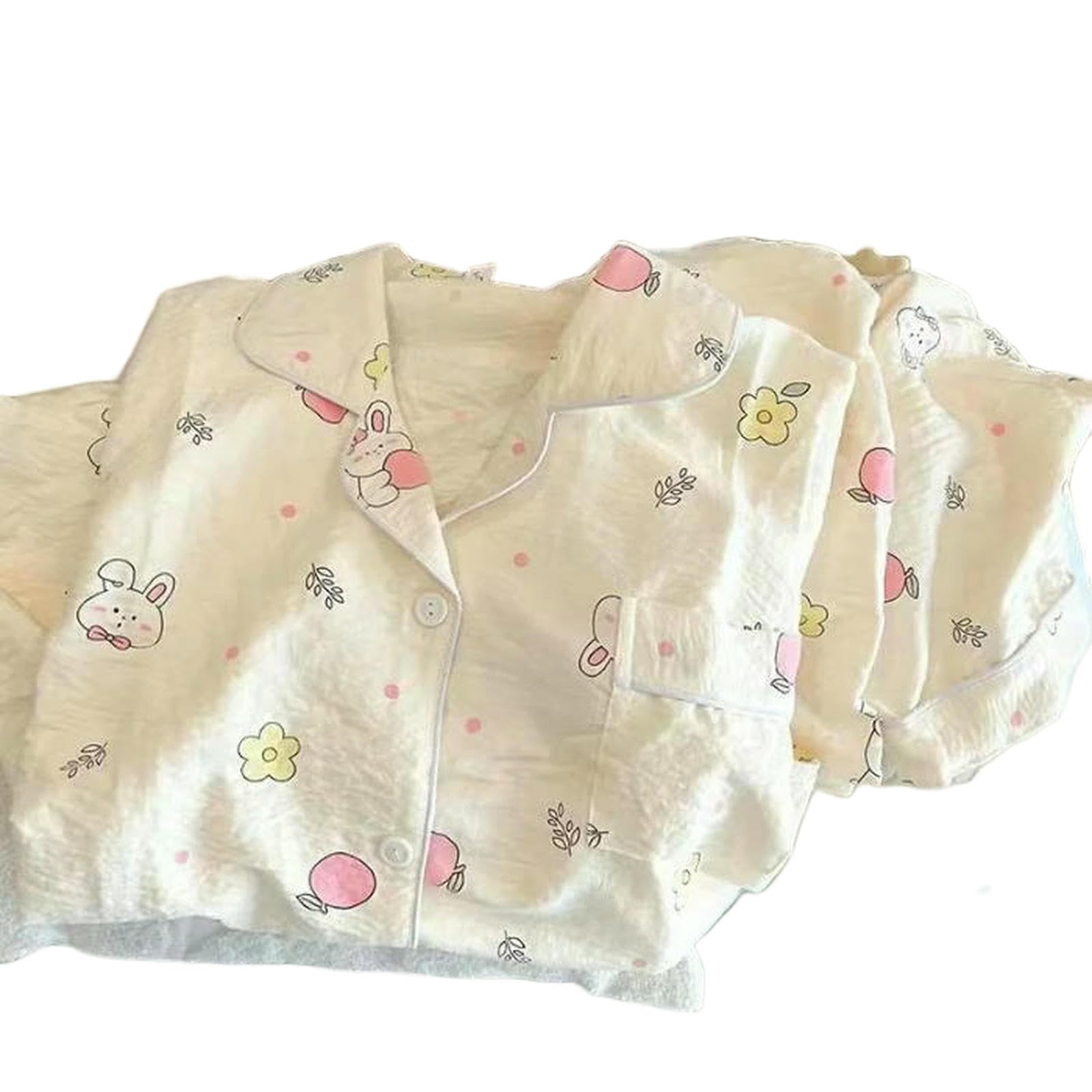 Pigiama da Donna in Cotone Morbido Notte Autunnale Set Stampa Fiore con Conigli Comodo Casual Carino 2 Pezzi Vestito Casa-kdj819coniglio Fiore-l