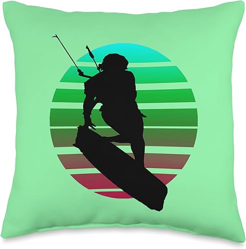 Kitesurf Gifts and Surf Lover Tees by taiche Kitesurfing Female Rider Silhouette Retro Sunset 5 Throw Pillow, 16x16, Multicolor
